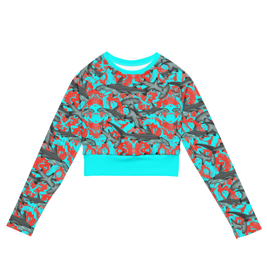 Fin & Fierce Hammerhead sustainable rashguard blue and red background 
