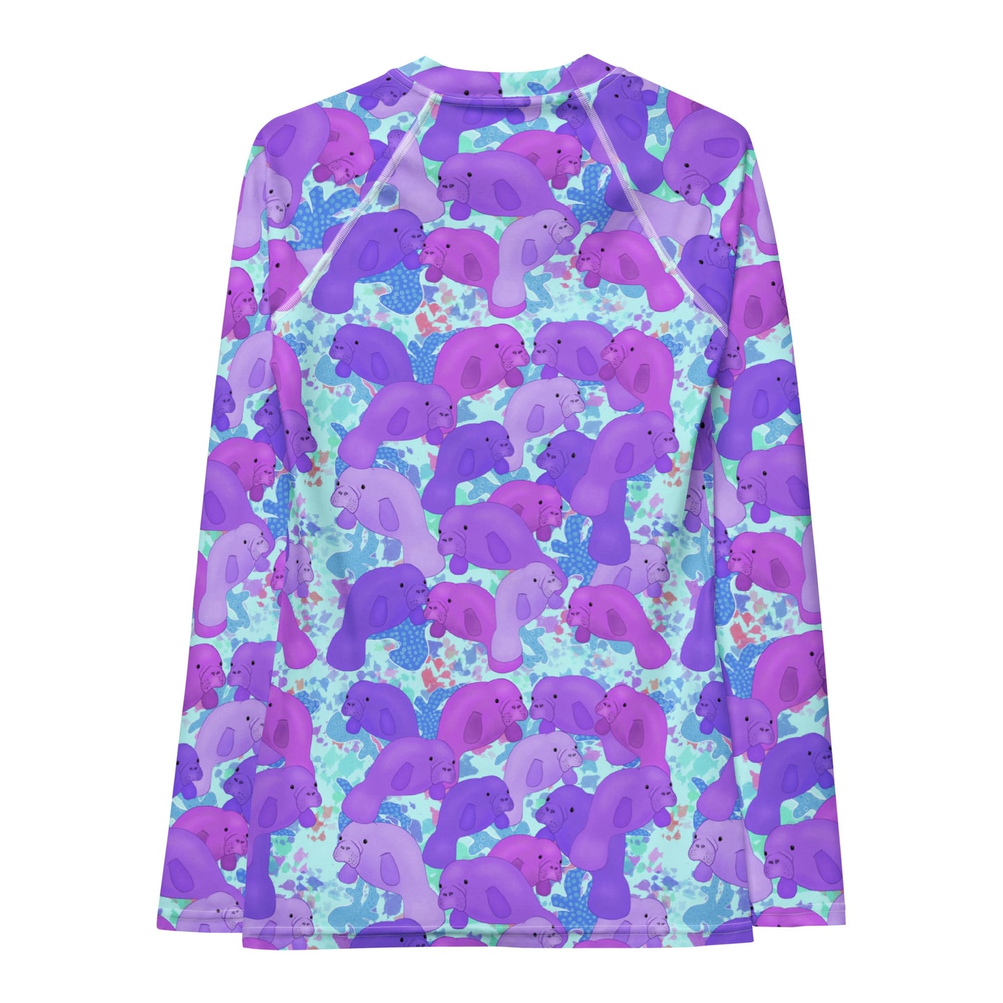 Blue long sleeve rashguard with purple manatees 
