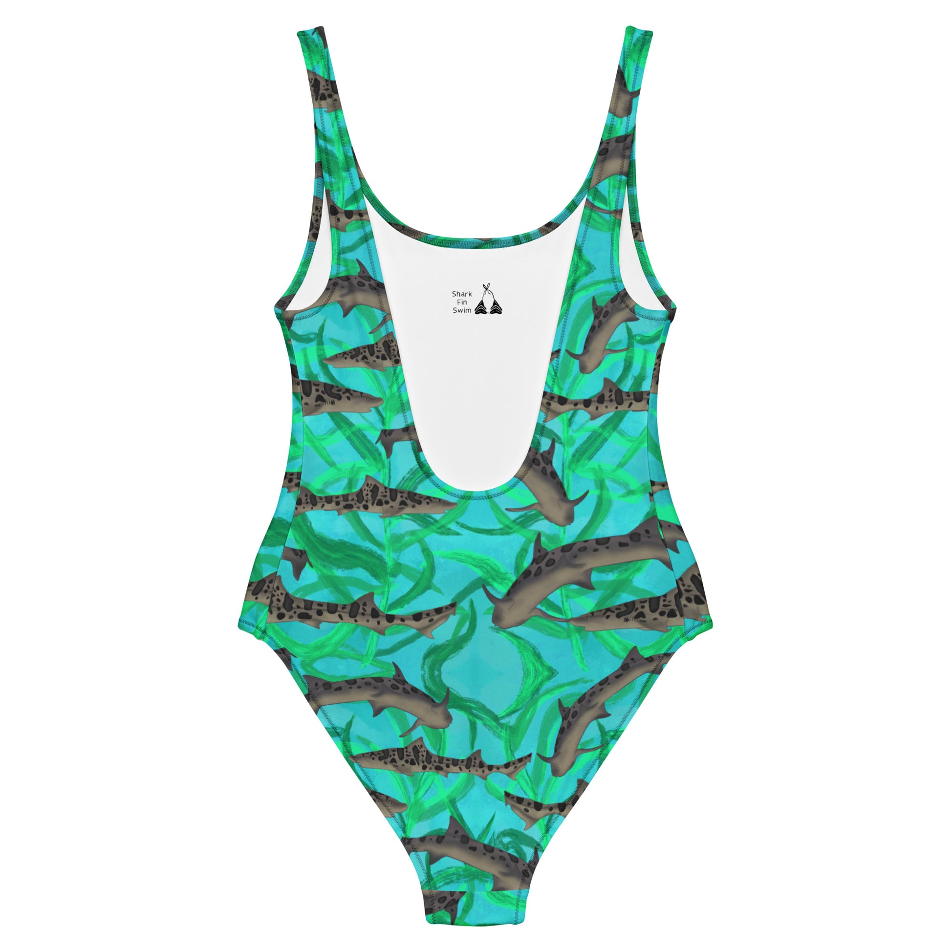 Blue and green one piece swimsuit with leopard sharks 