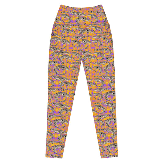 Epaulette Shark eco dive leggings with pockets with orange and purple background