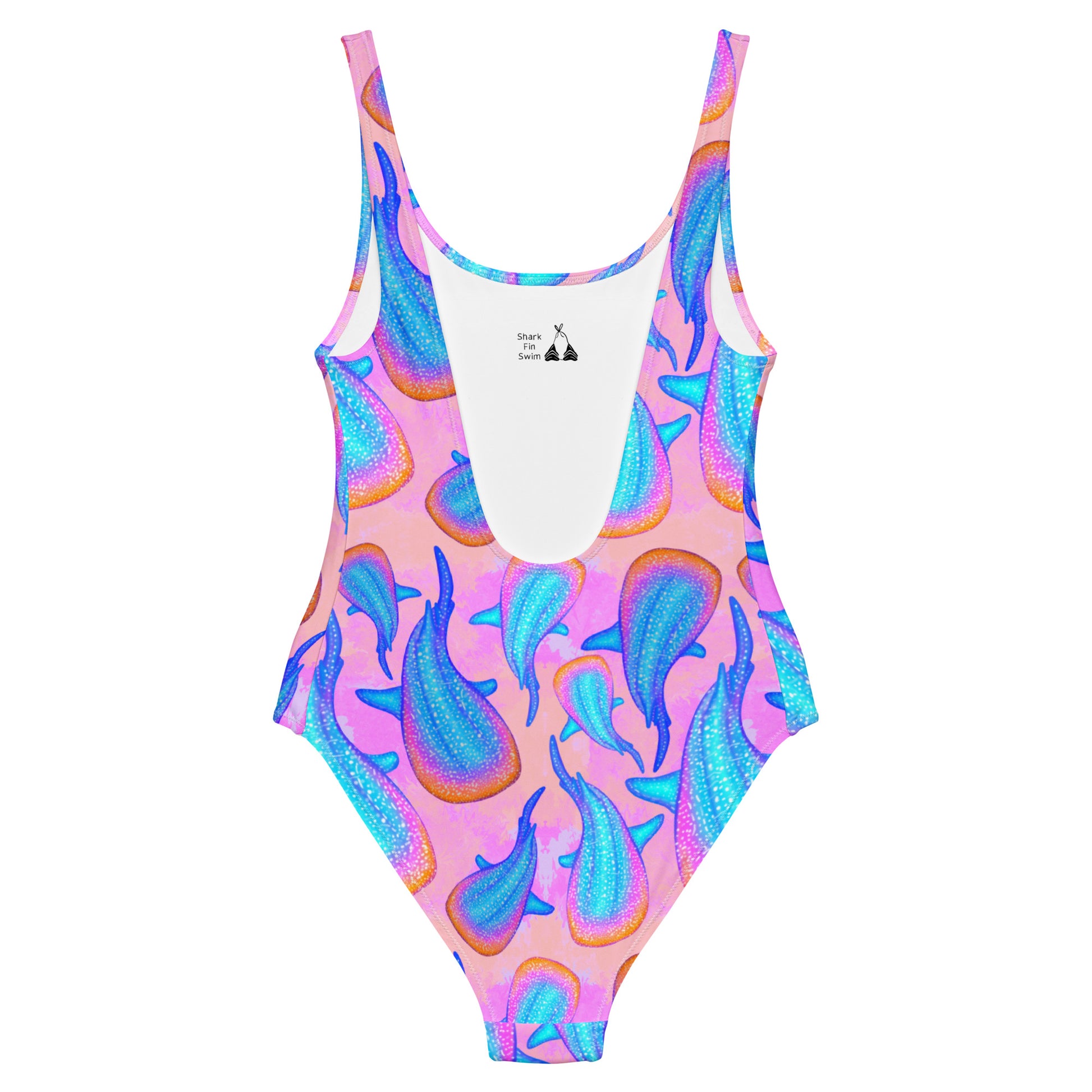 Pink one piece swimsuit with rainbow whale sharks 
