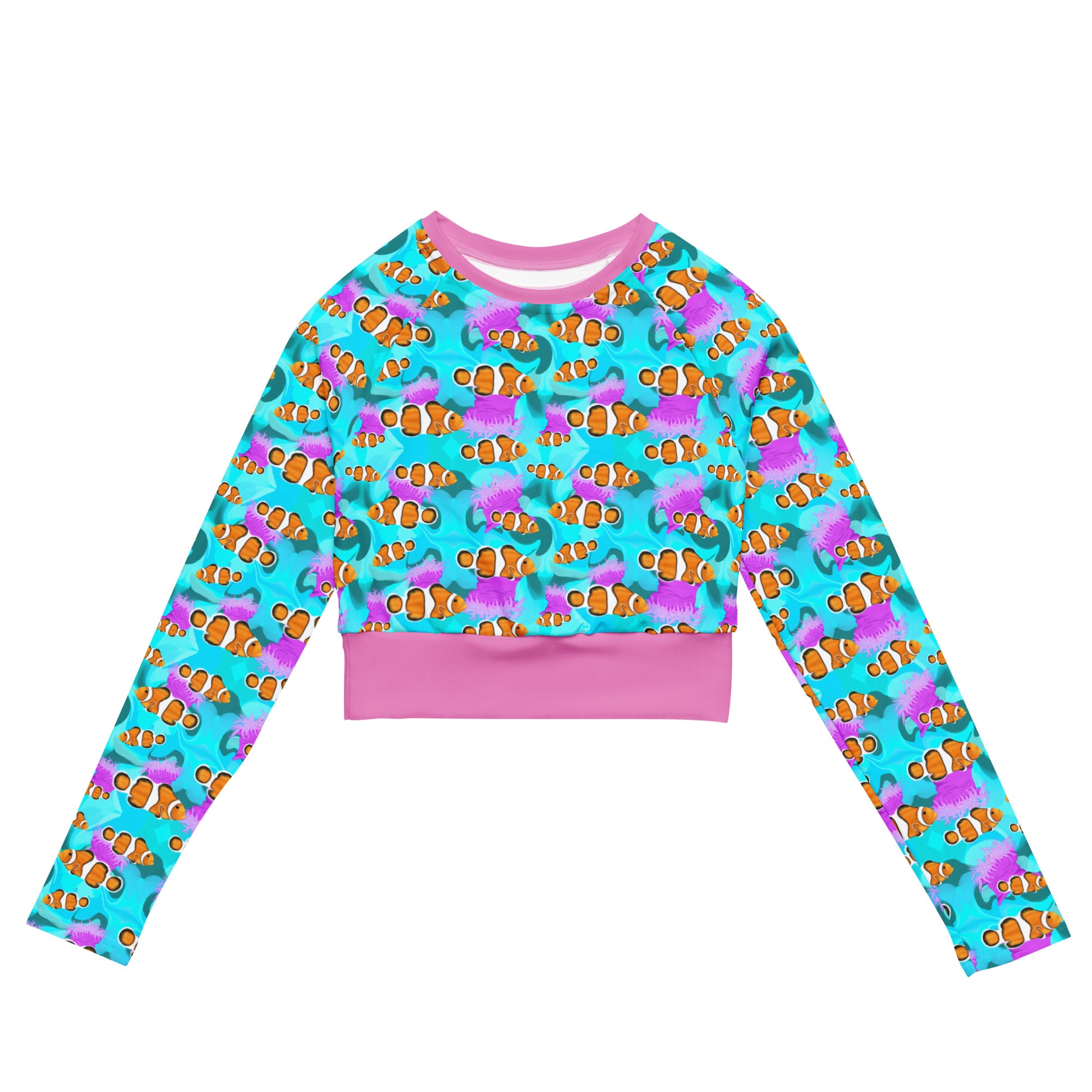 Blue cropped long sleeve rashguard with clownfish and pink anemones 