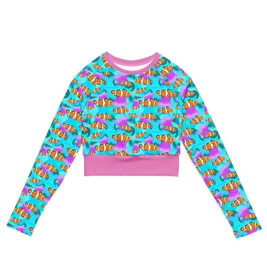Blue cropped long sleeve rashguard with clownfish and pink anemones 