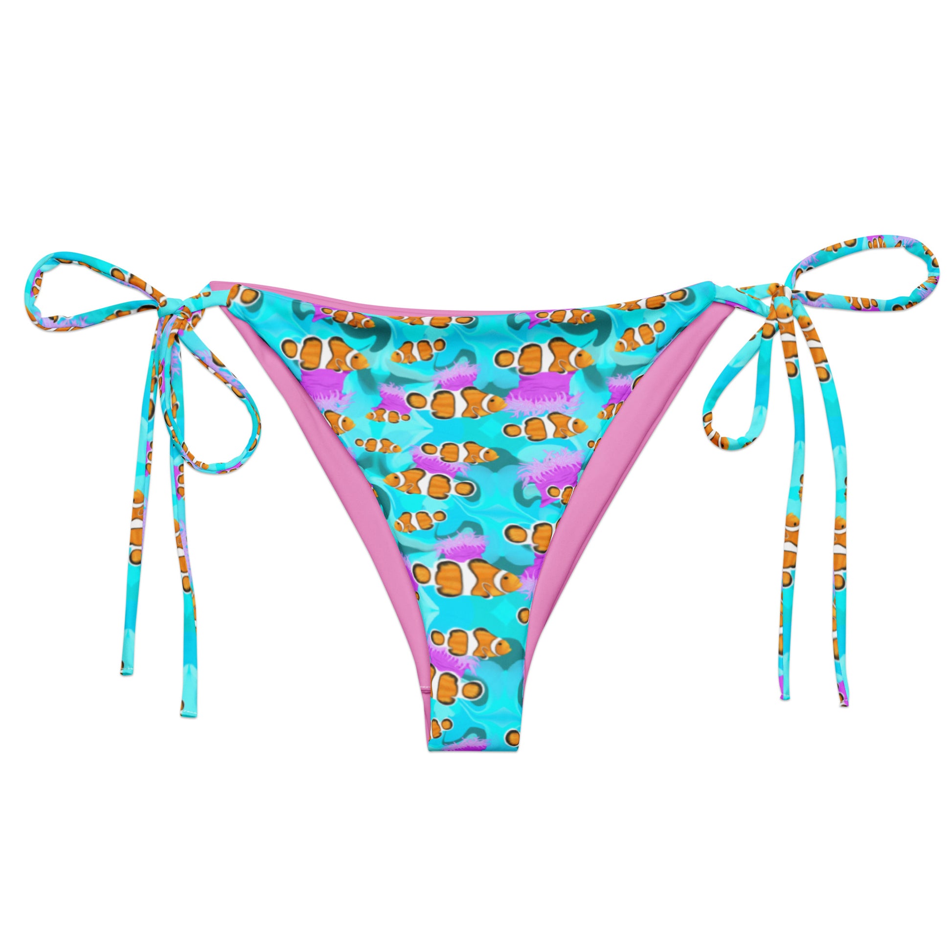 Blue string bikini bottom with clownfish and pink anemones 