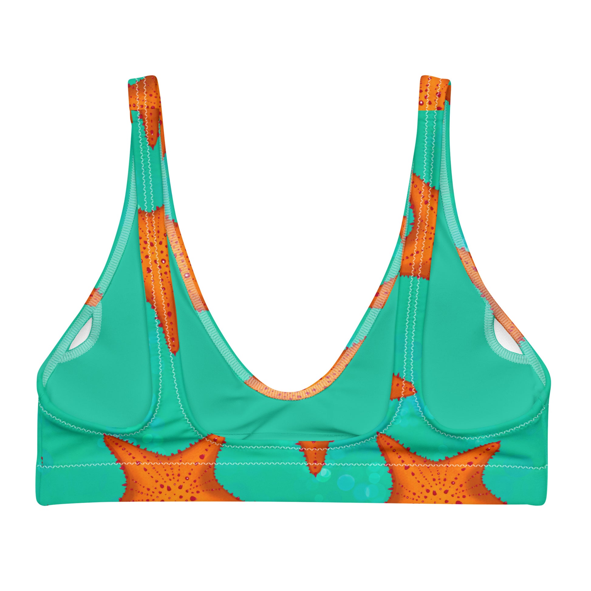 Green bikini top with orange starfish pattern on a white background