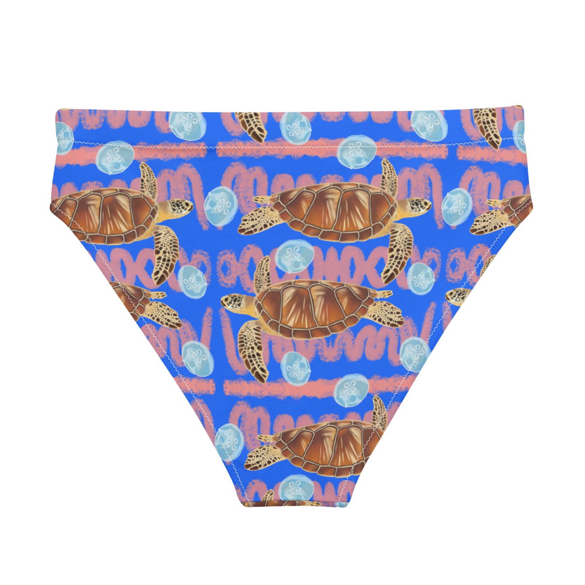 Royal blue and peachy background with sea turtles and moon jellyfish. Eco high waisted bikini bottoms 