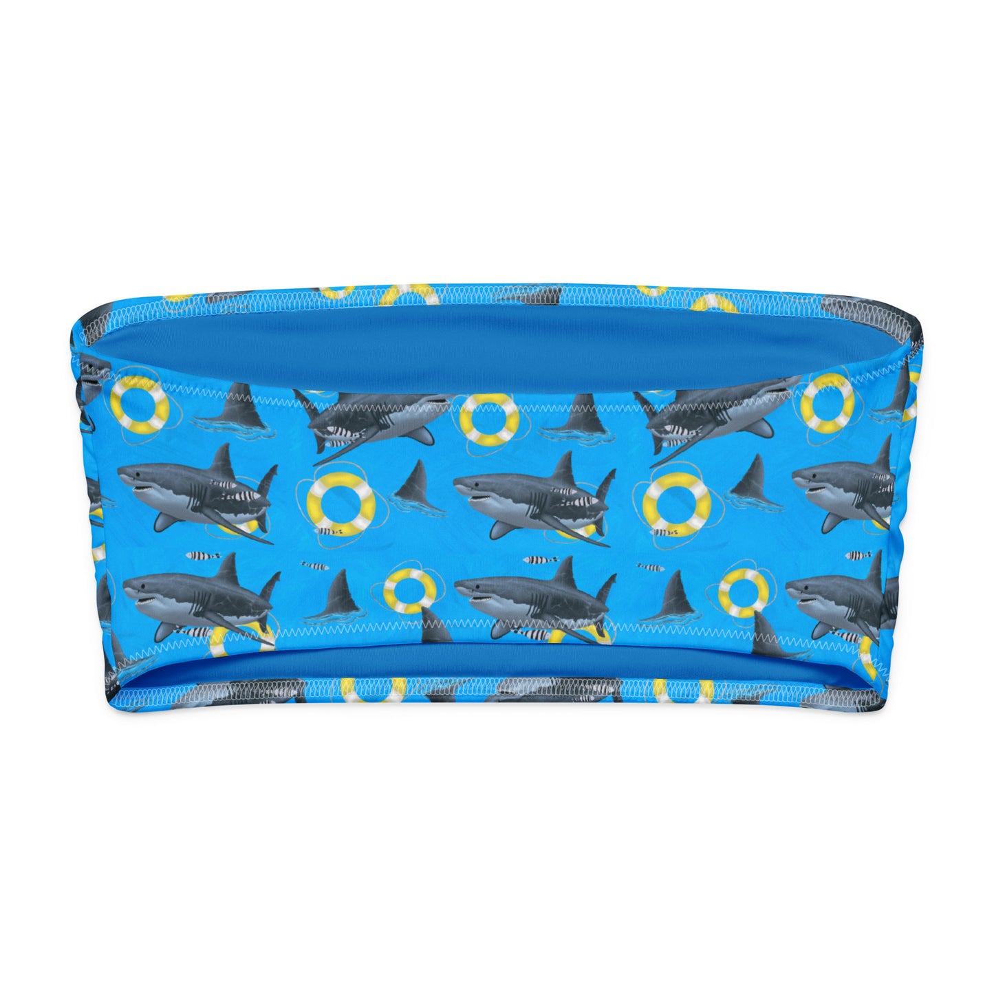 Blue great white shark bandeau bikini top with yellow floaties 