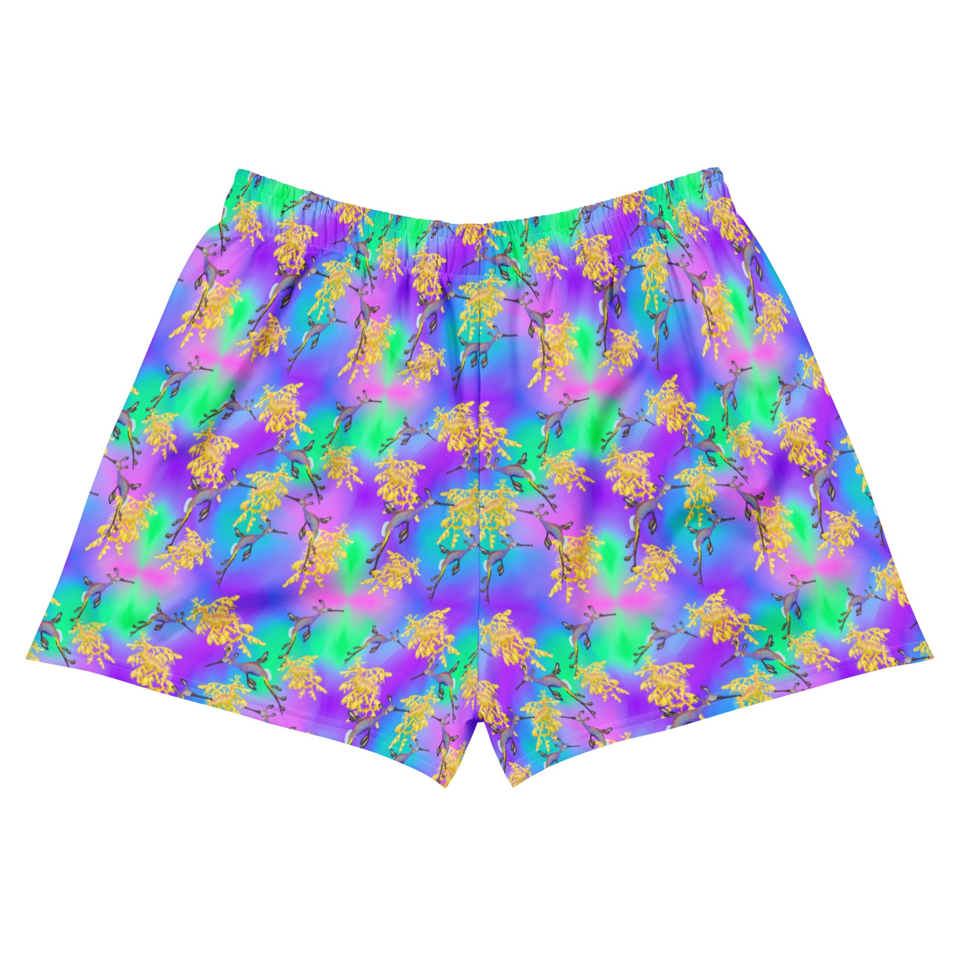 Green and purple unisex swim shorts with sea dragons