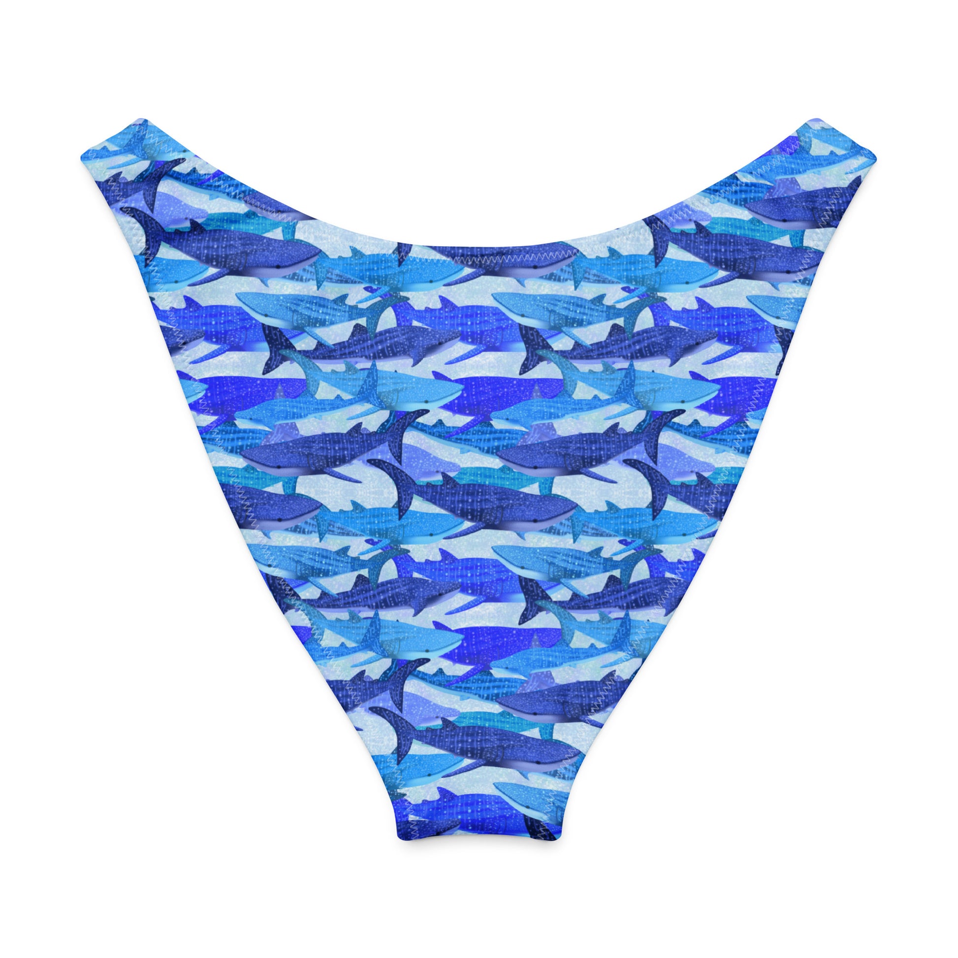 Blue glittery whale sharks on our high cut recycled bikini bottoms 