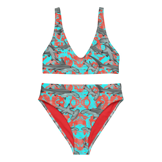 Fin & Fierce Hammerhead sustainable high waisted bikini blue and red background 