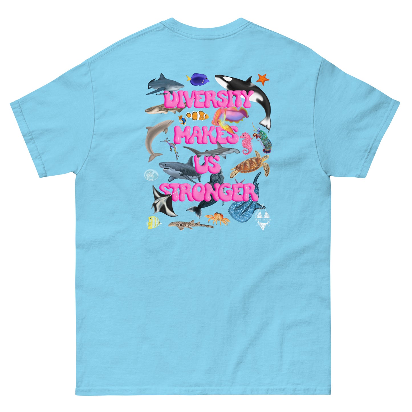 blue t shirt back with ocean animals and pink text that says “diversity makes us stronger” 