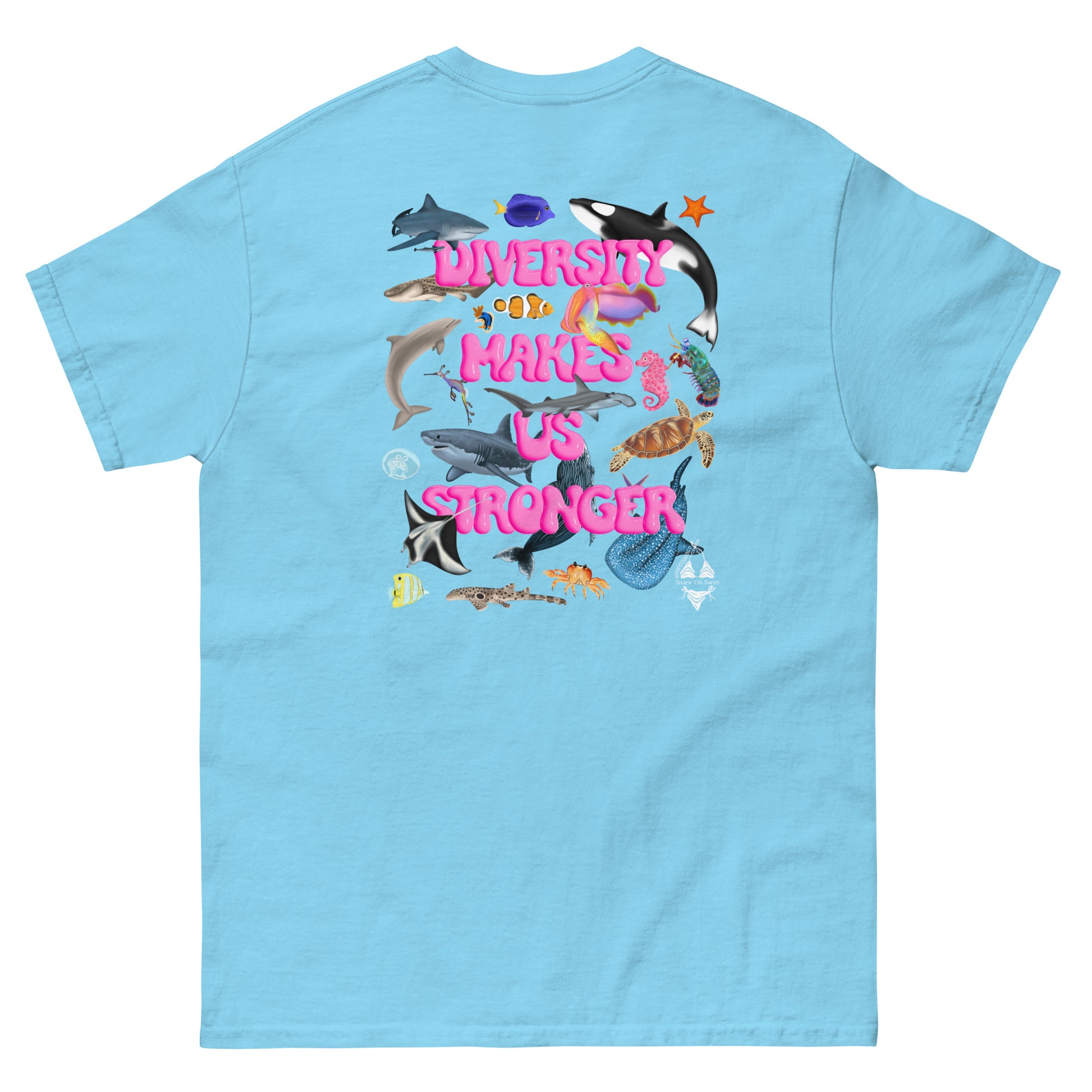 blue t shirt back with ocean animals and pink text that says “diversity makes us stronger” 