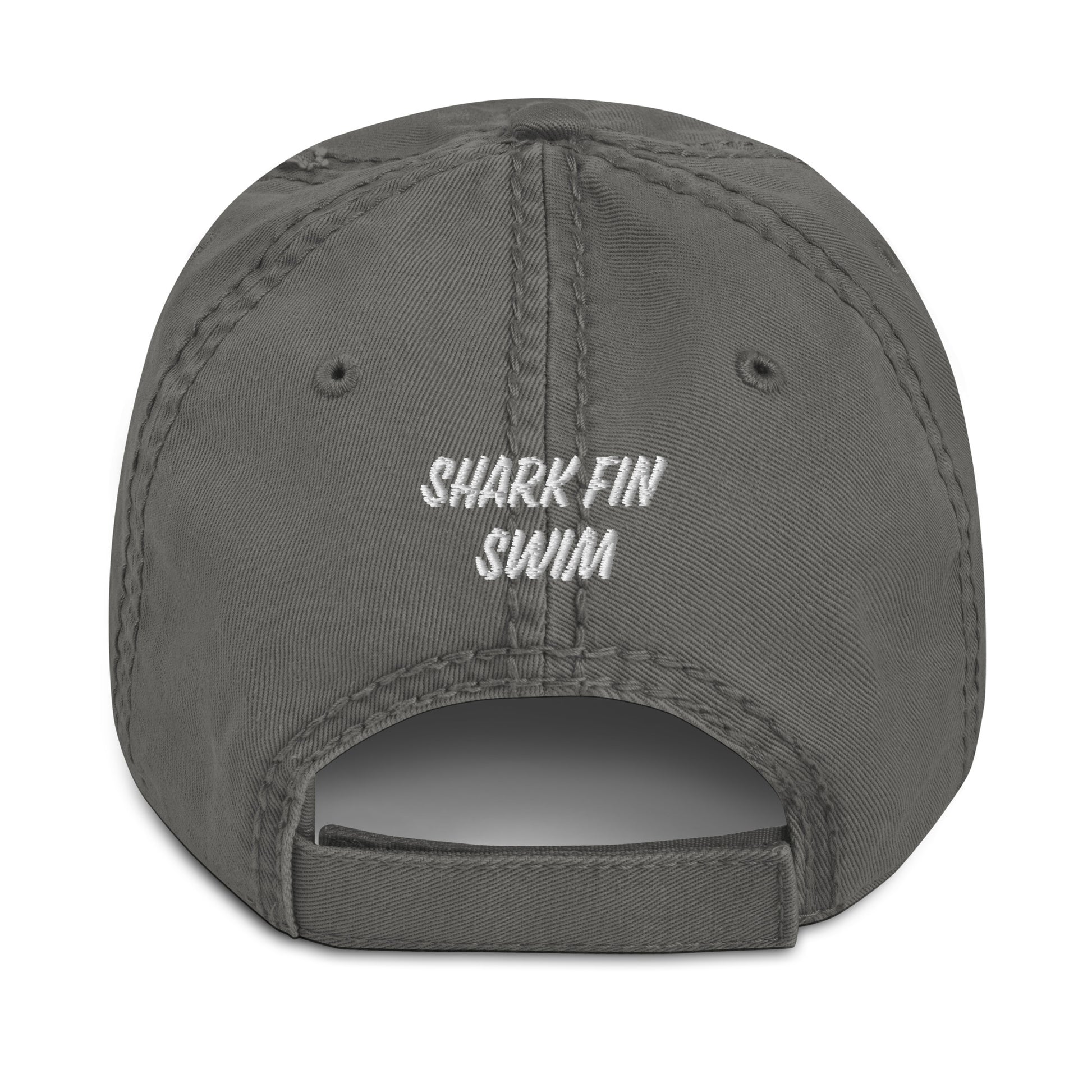 Eco-friendly distressed baseball cap with a shark fin as the A in “around” fin around and find out 