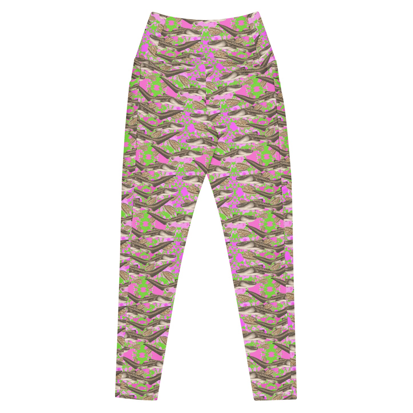 Pink and green dive leggings  with zebra sharks and cowrie seashells 