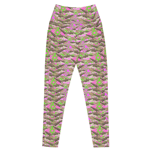 Pink and green dive leggings  with zebra sharks and cowrie seashells 