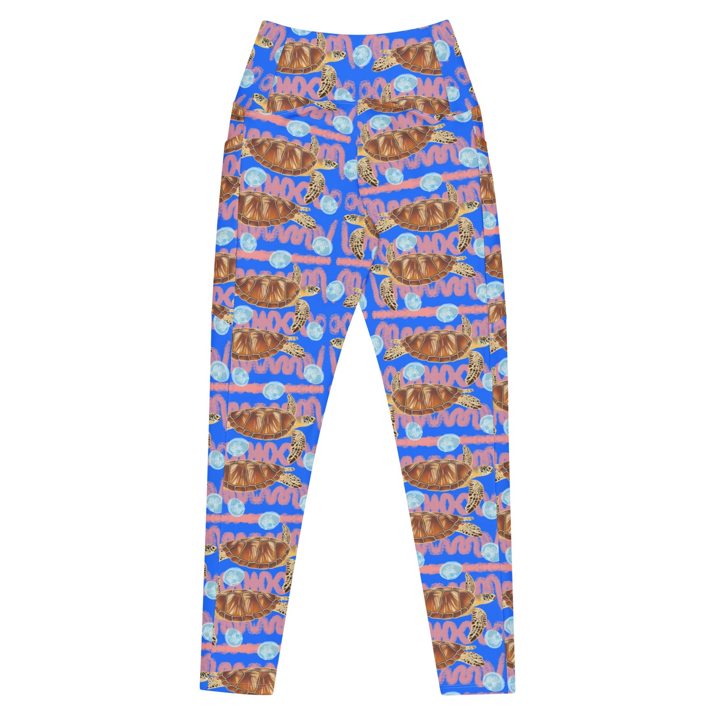 Royal blue and peachy background with sea turtles and moon jellyfish. Eco dive leggings 