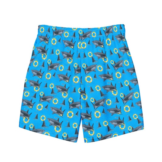 Blue great white shark swim trunks with yellow floaties 