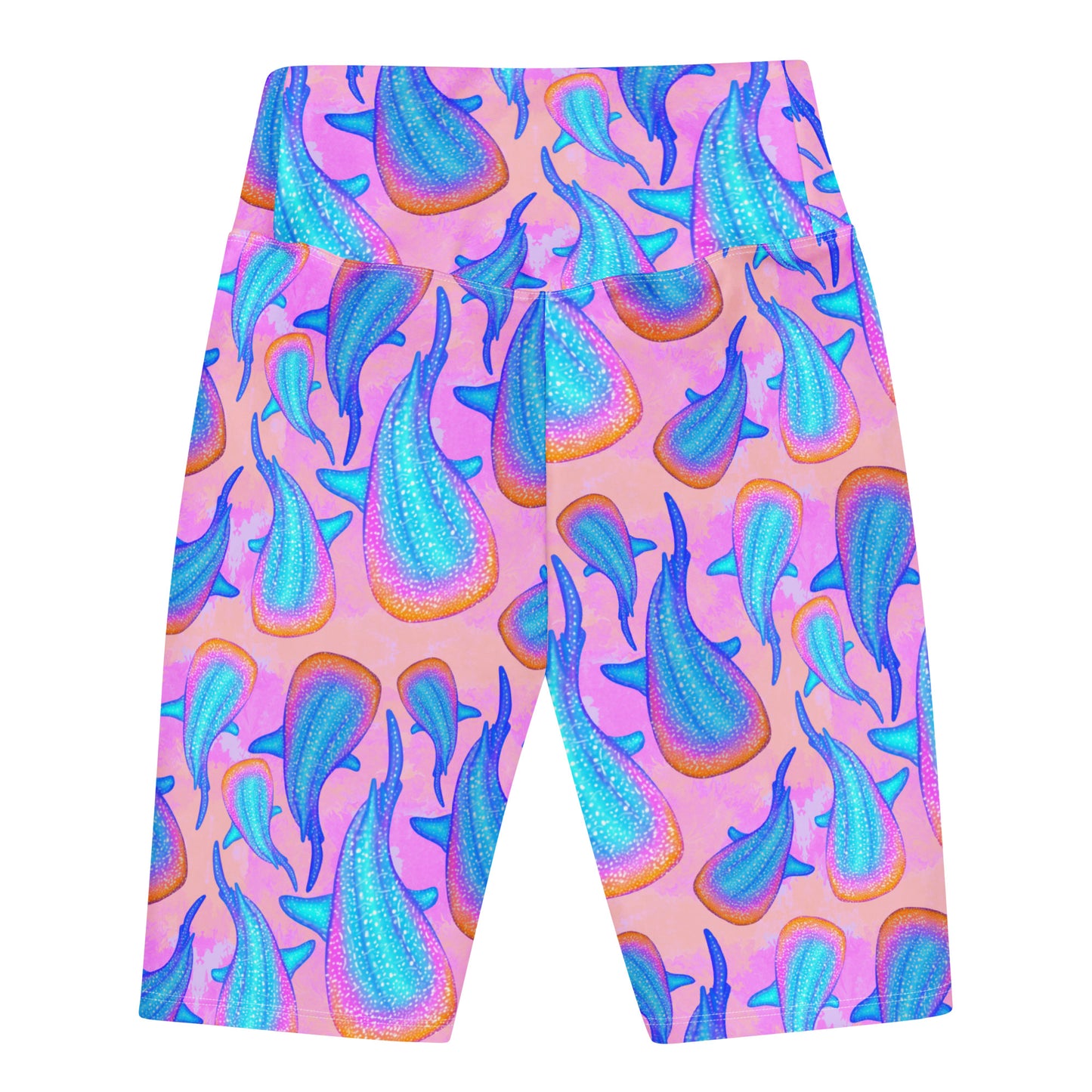 Pink bike shorts with rainbow whale sharks 