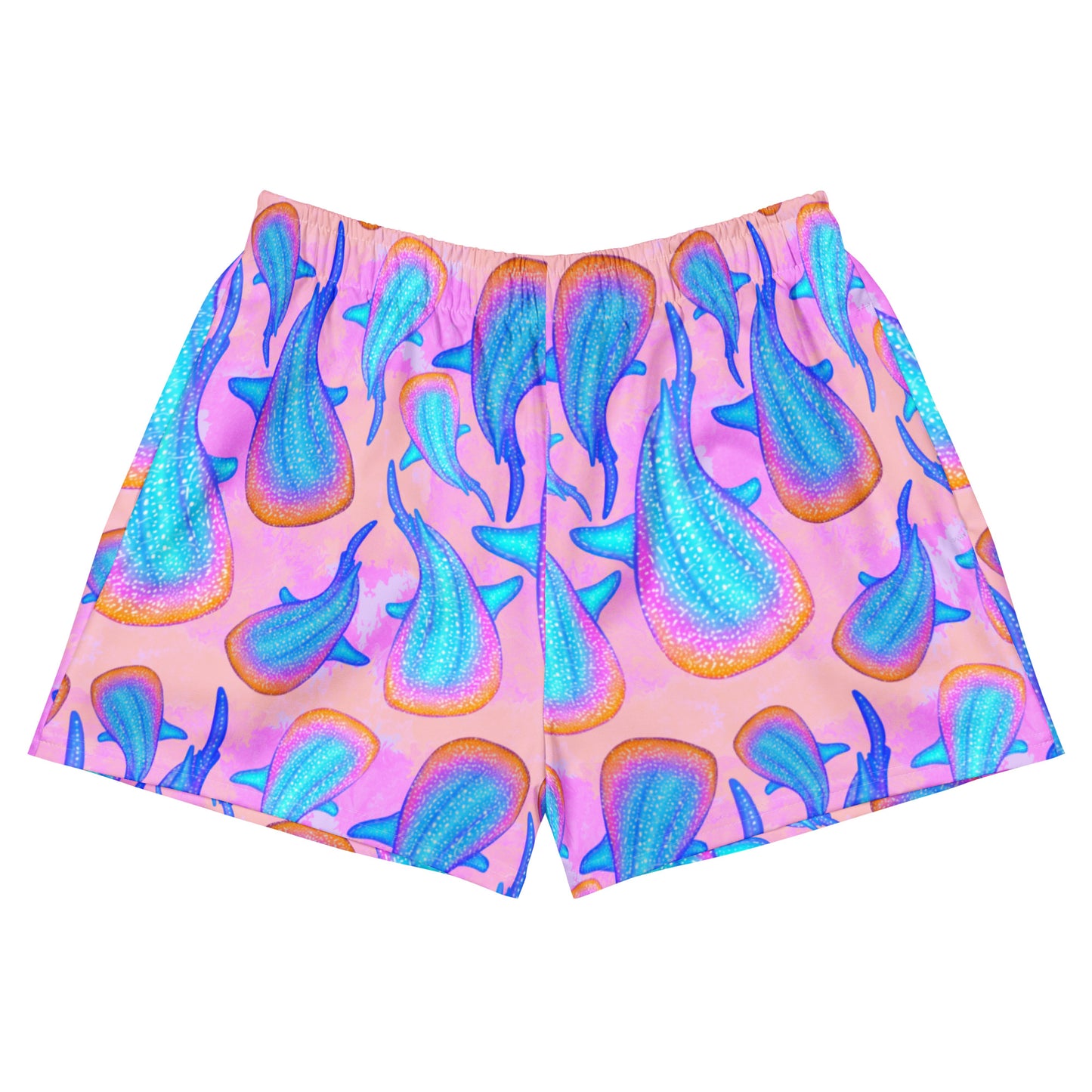 rainbow whale sharks on a pink and purple tie dye background eco unisex shorts