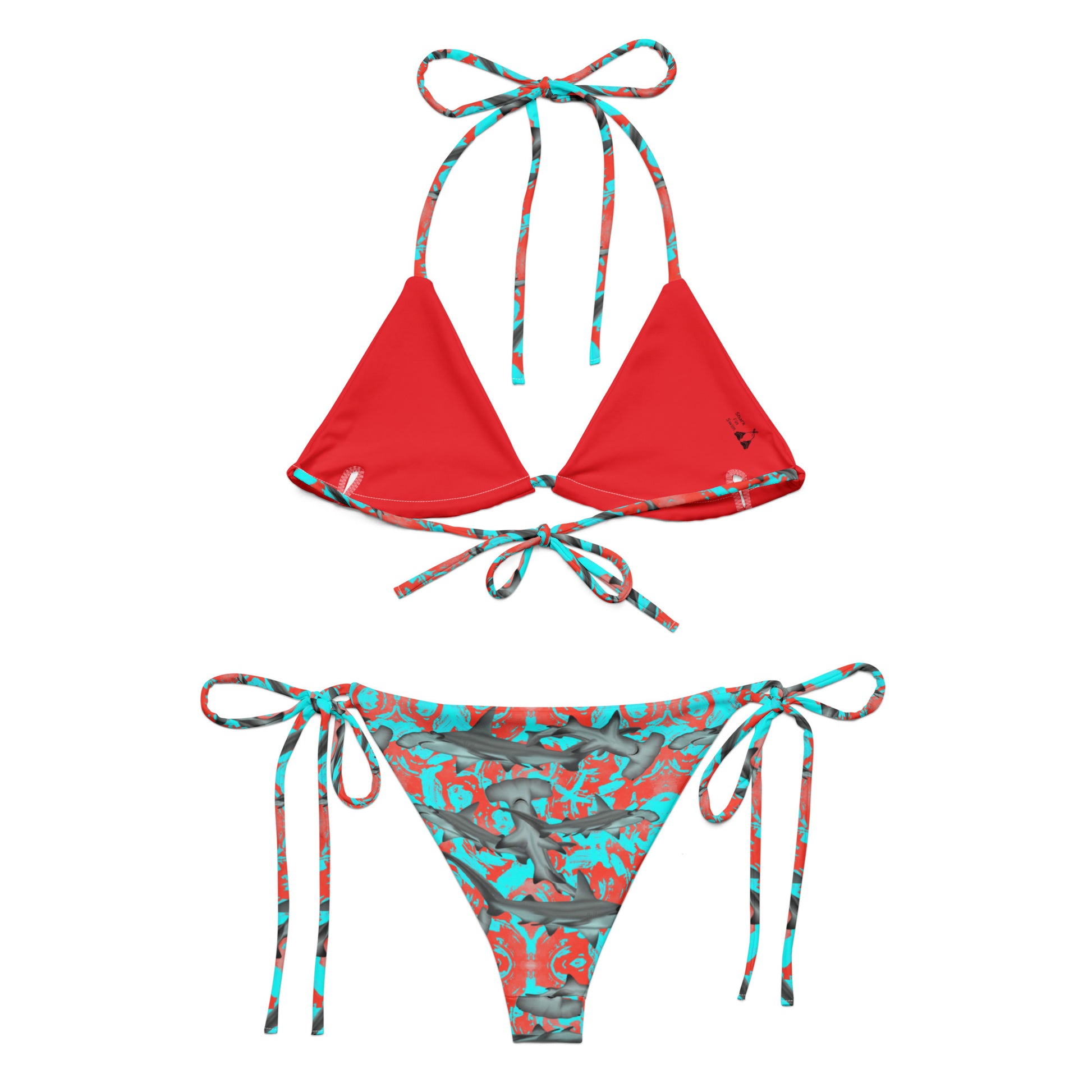 Fin & Fierce Hammerhead sustainable string bikini blue and red background