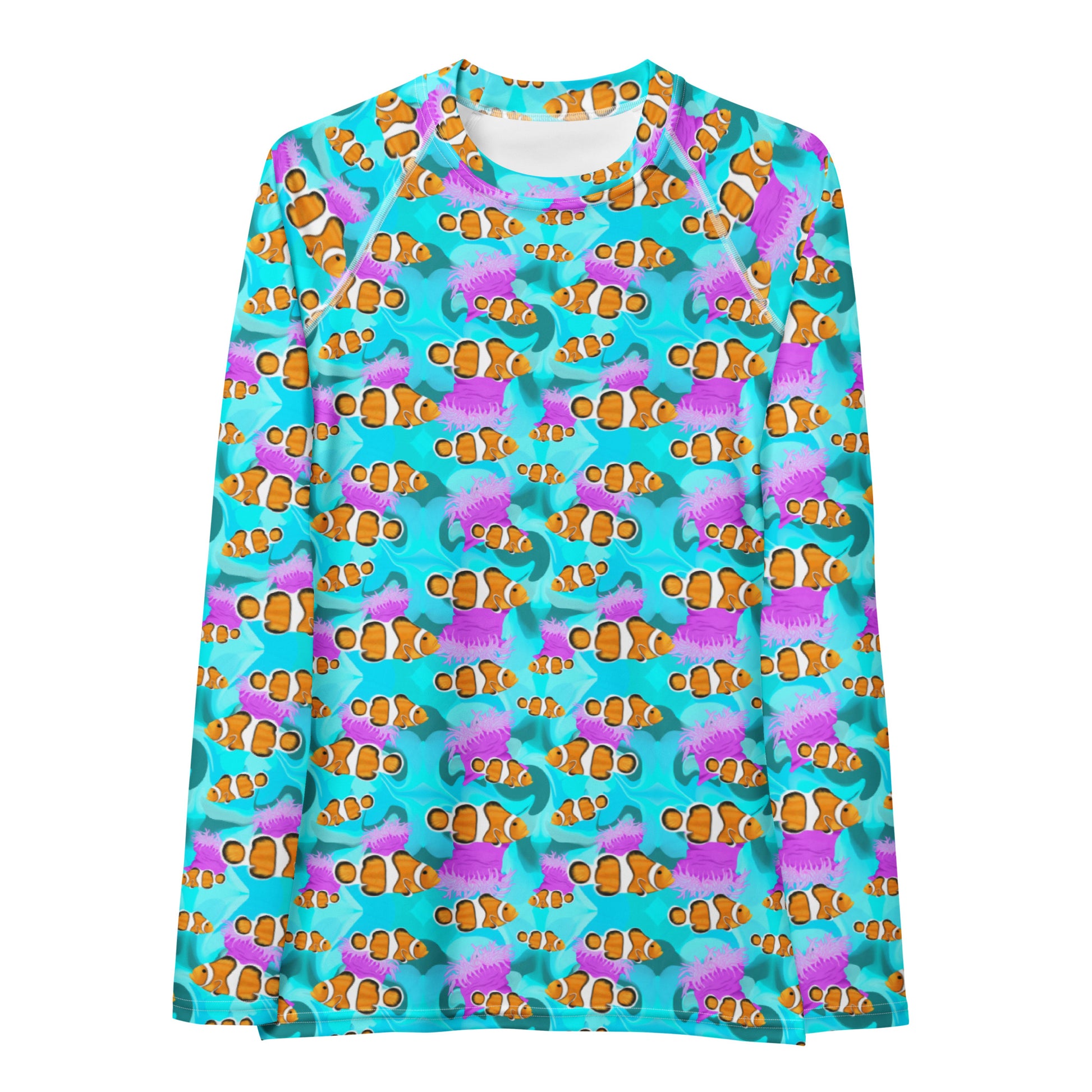 Blue clownfish long sleeve rashguard with pink anemones 