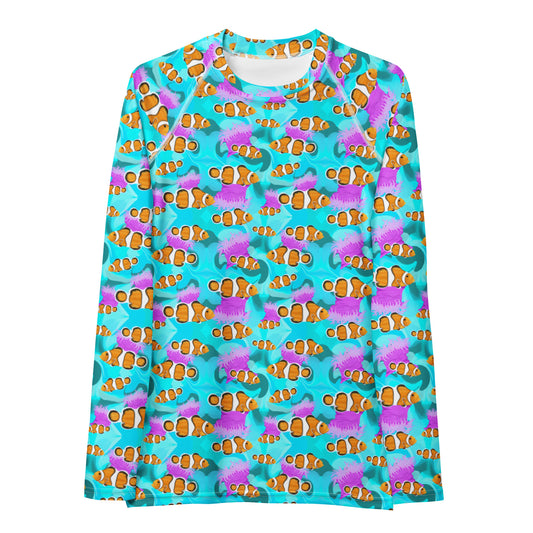 Blue clownfish long sleeve rashguard with pink anemones 