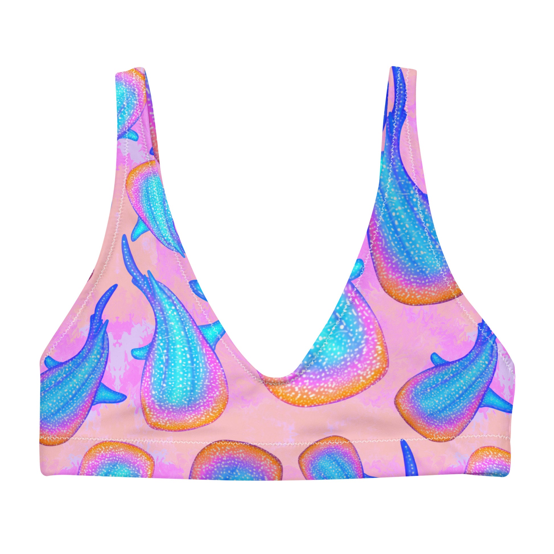 Rainbow whale sharks on pink and purple tie dye background eco sporty supportive bikini top 