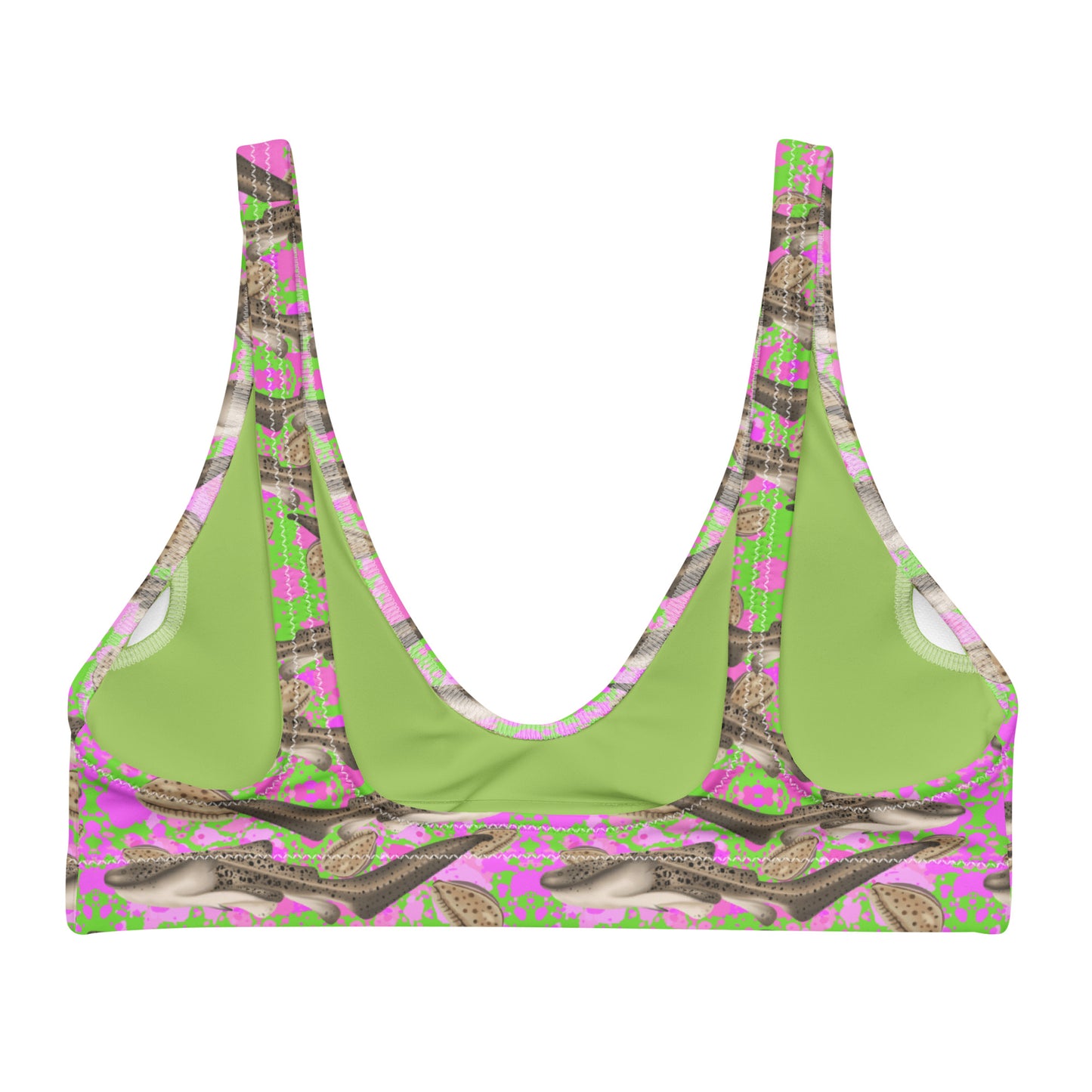 Green and pink bikini top with zebra sharks and cowrie seashells