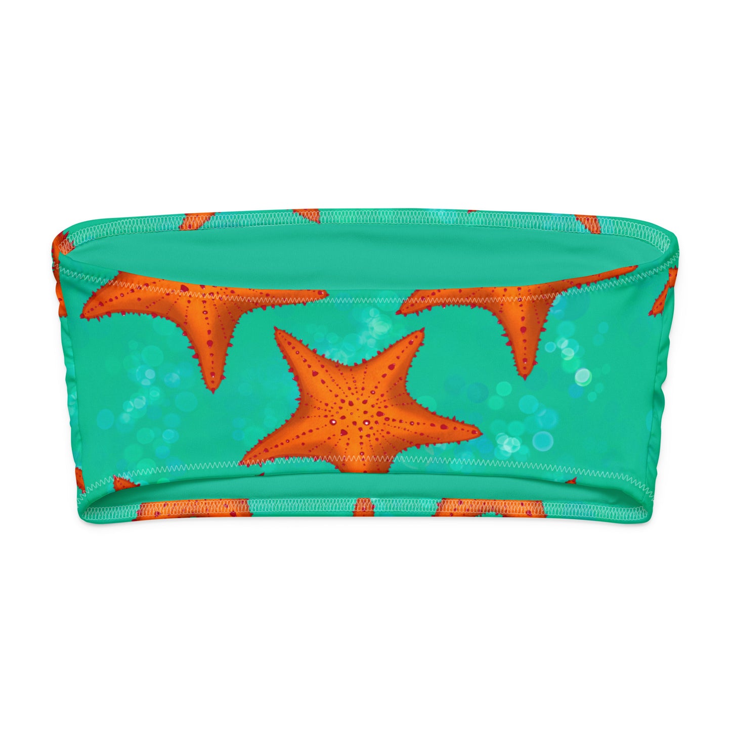 Bandeau bikini top with orange starfish and green/teal background