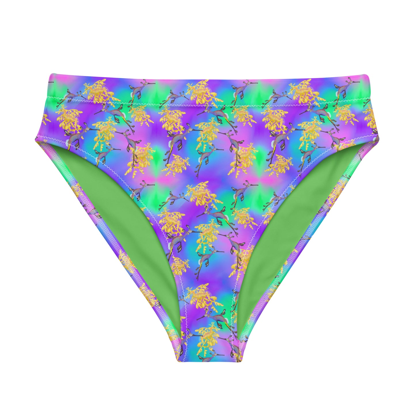 Green and purple high waisted bikini bottoms with sea dragons 