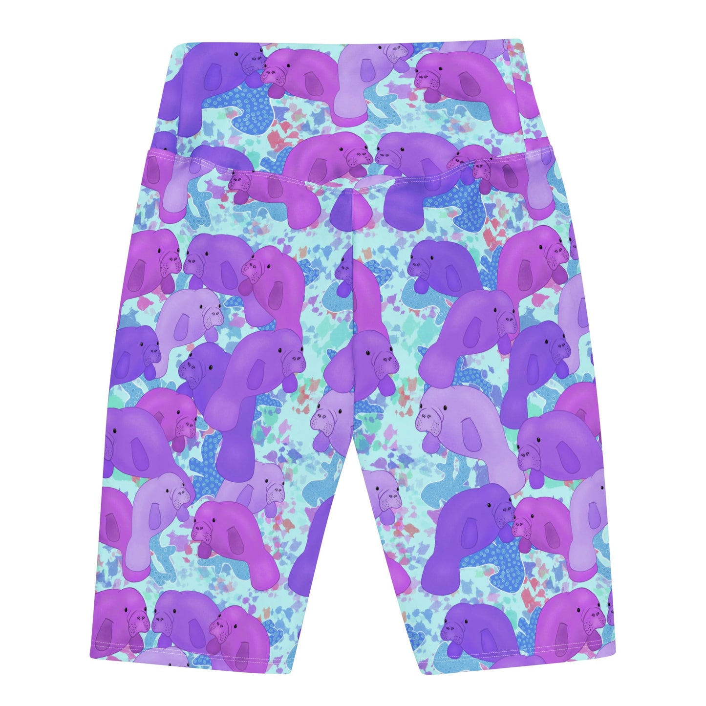 Blue bike shorts with purple manatees 