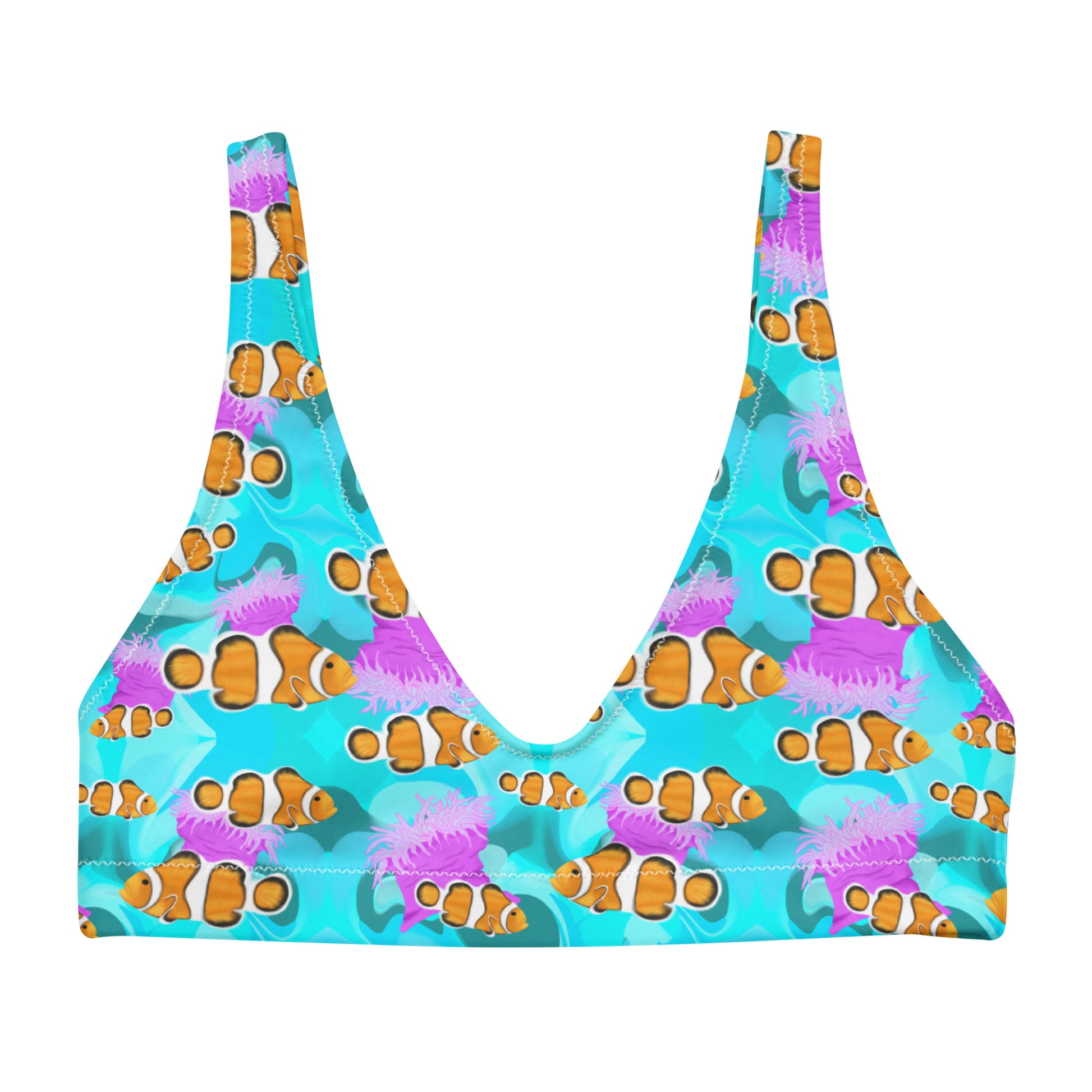 Blue bikini top with clownfish and pink anemones 