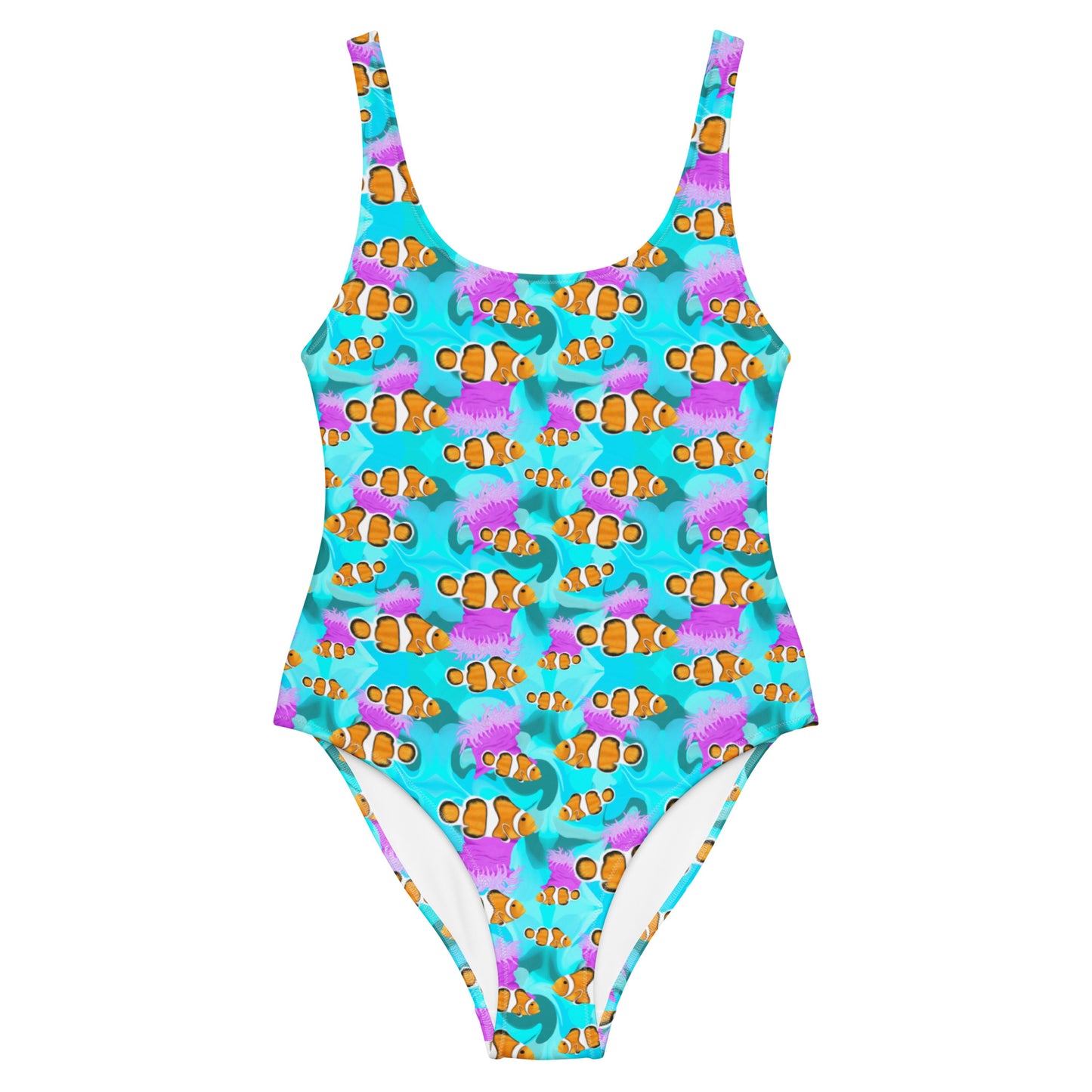 Blue clownfish one piece swimsuit with pink anemones 