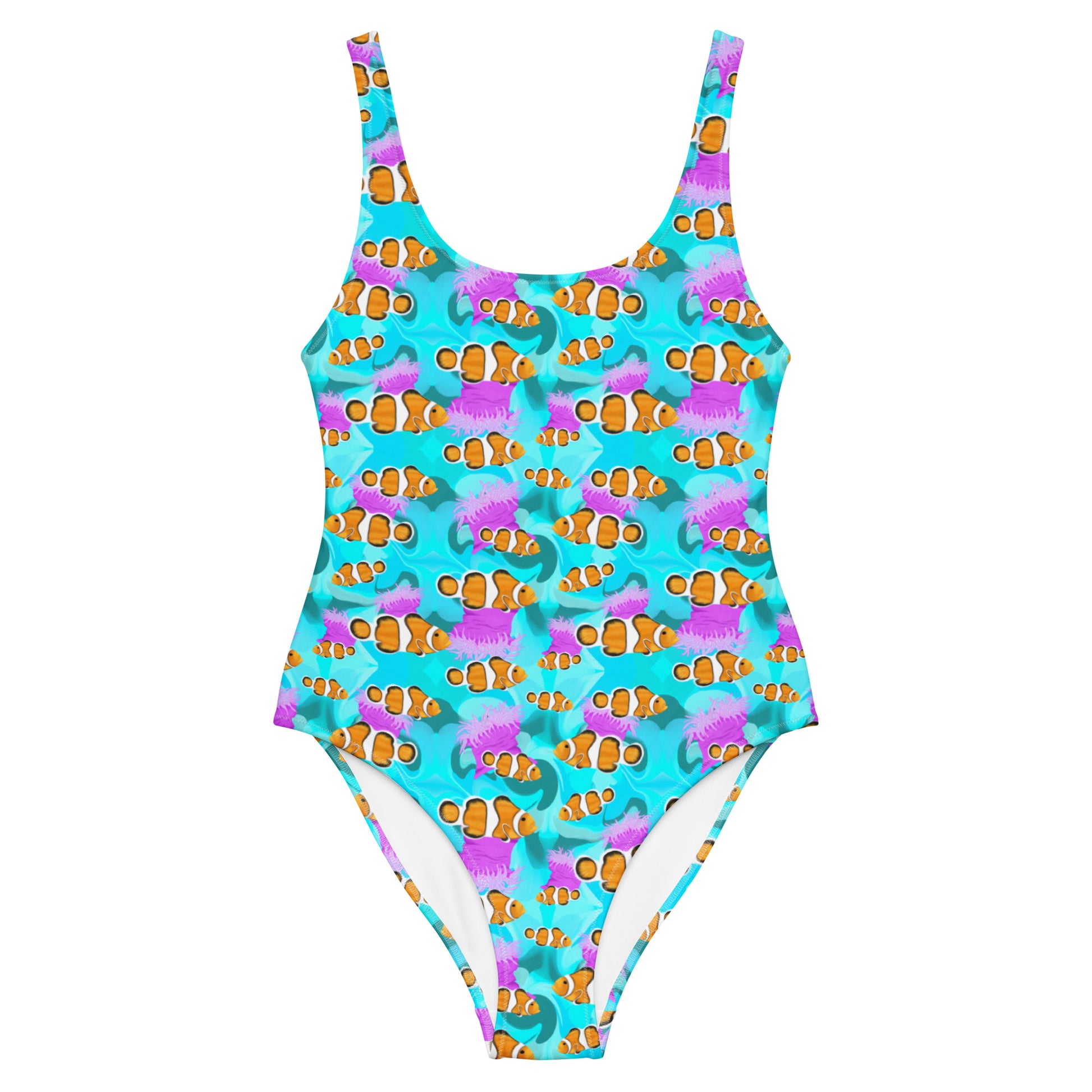 Blue clownfish one piece swimsuit with pink anemones 
