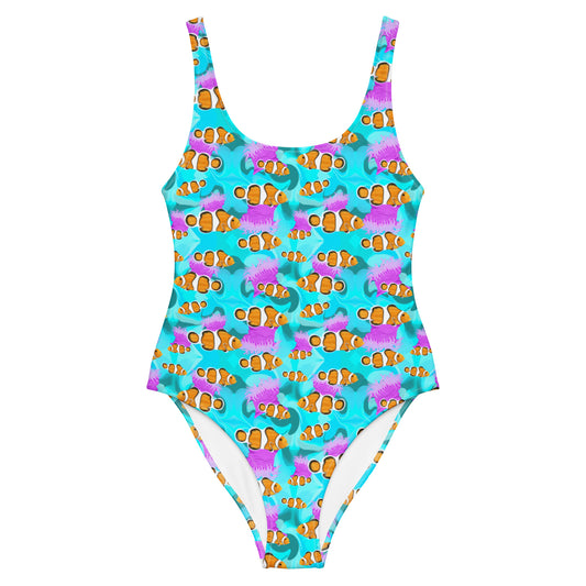 Blue clownfish one piece swimsuit with pink anemones 
