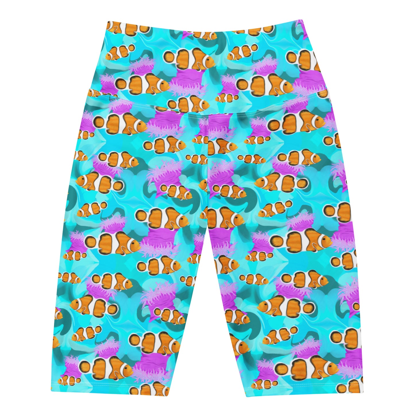Blue clownfish bike shorts with pink anemones 