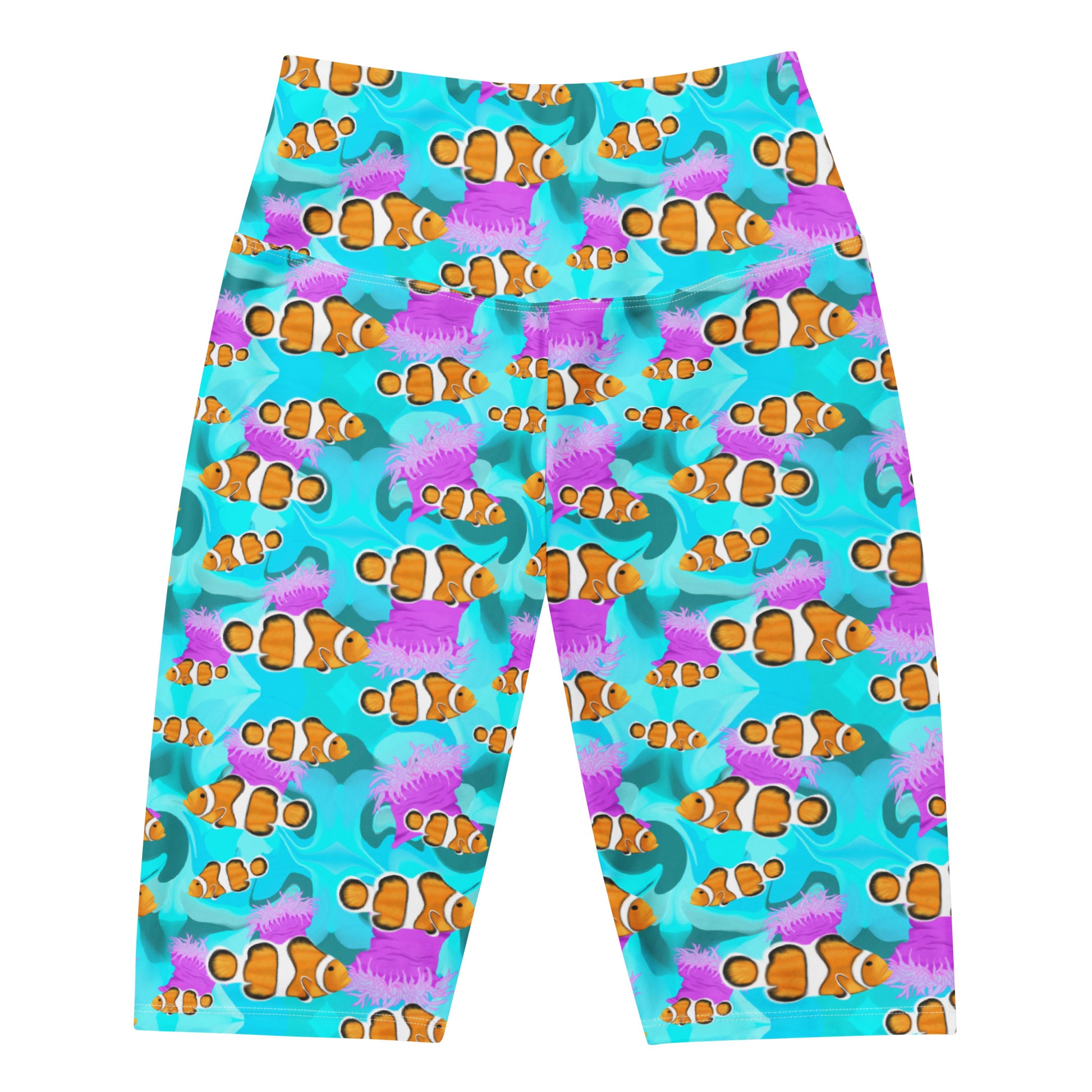 Blue clownfish bike shorts with pink anemones 