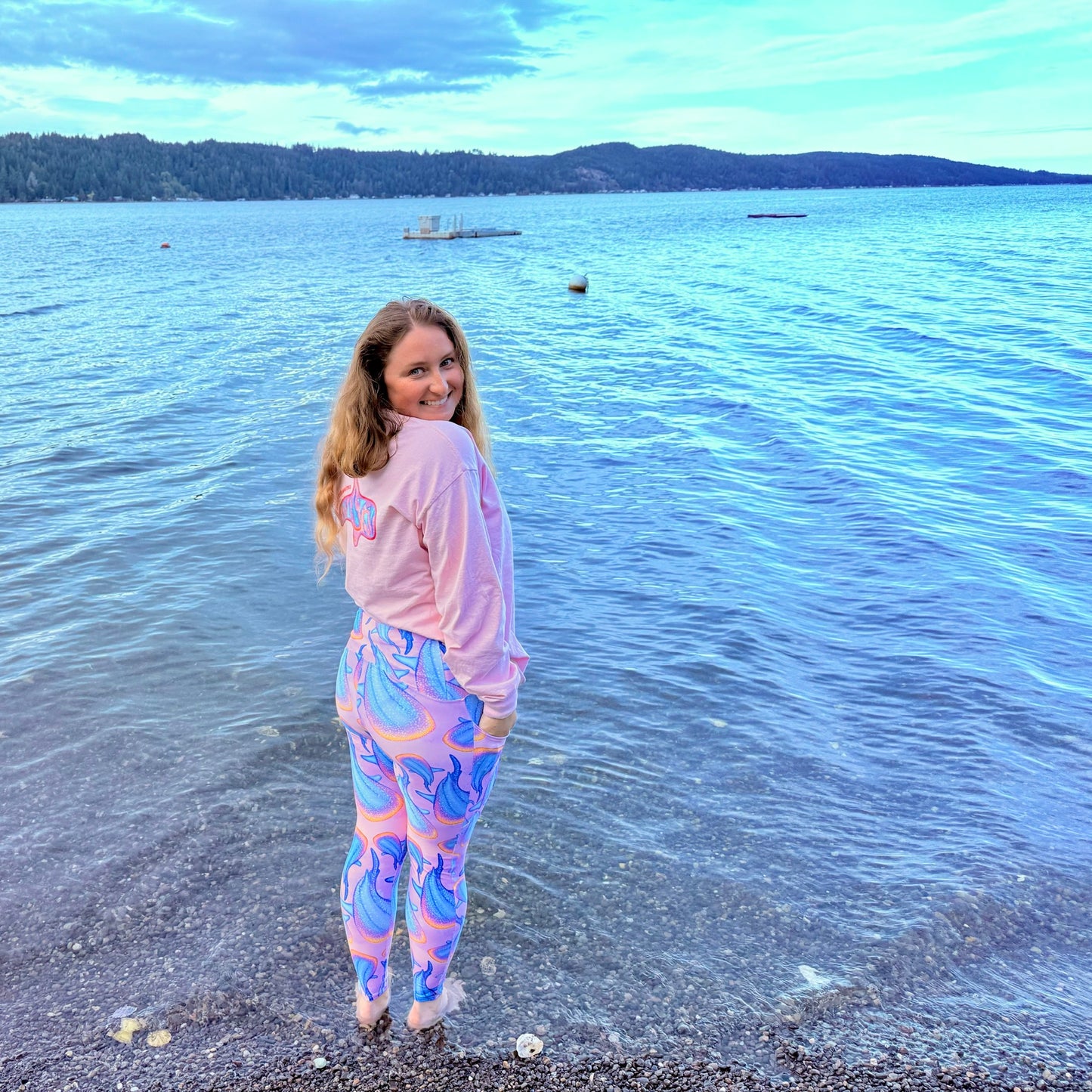 rainbow whale sharks on pink and purple tie dye background eco dive leggings 