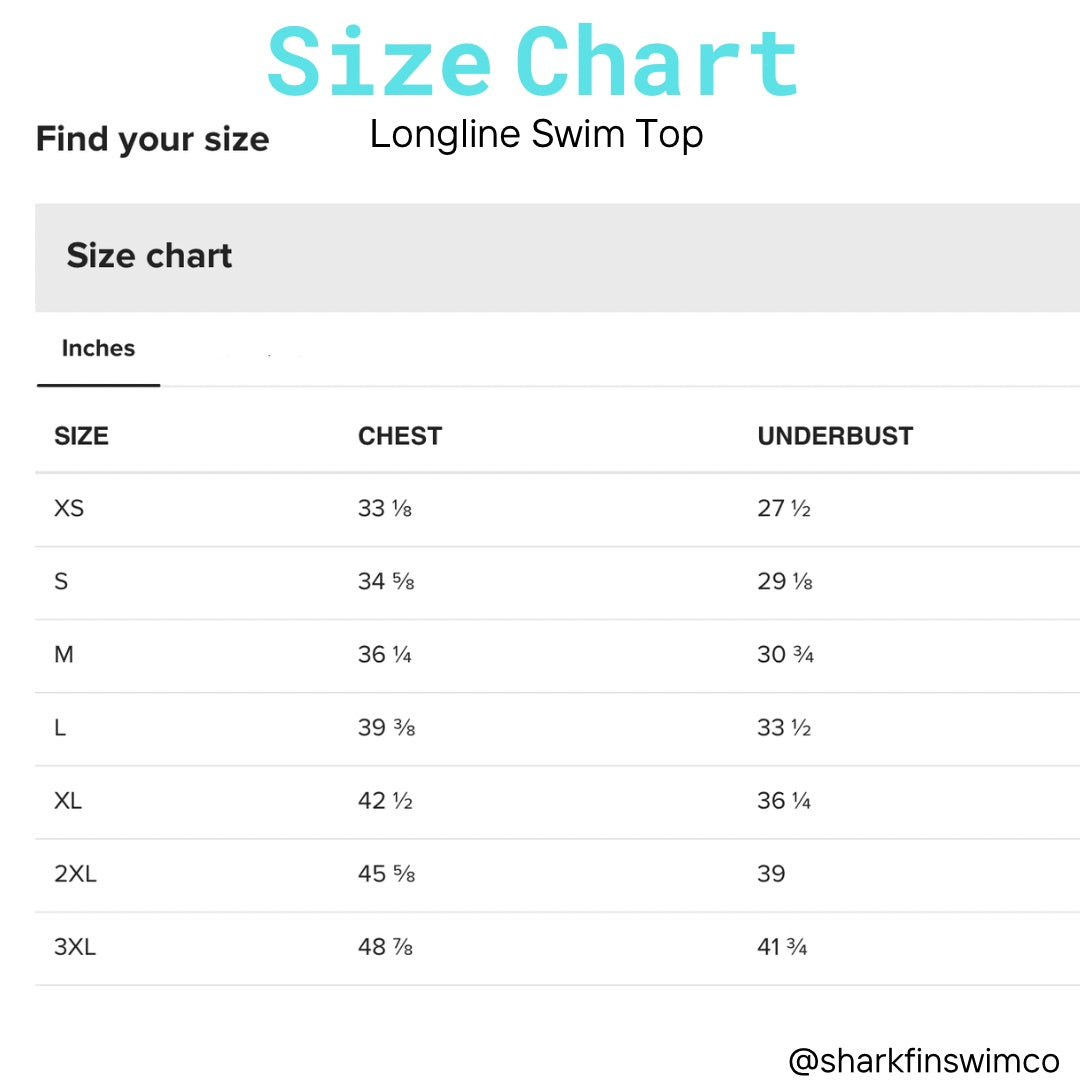Size chart for a longline swim top with measurements in inches.