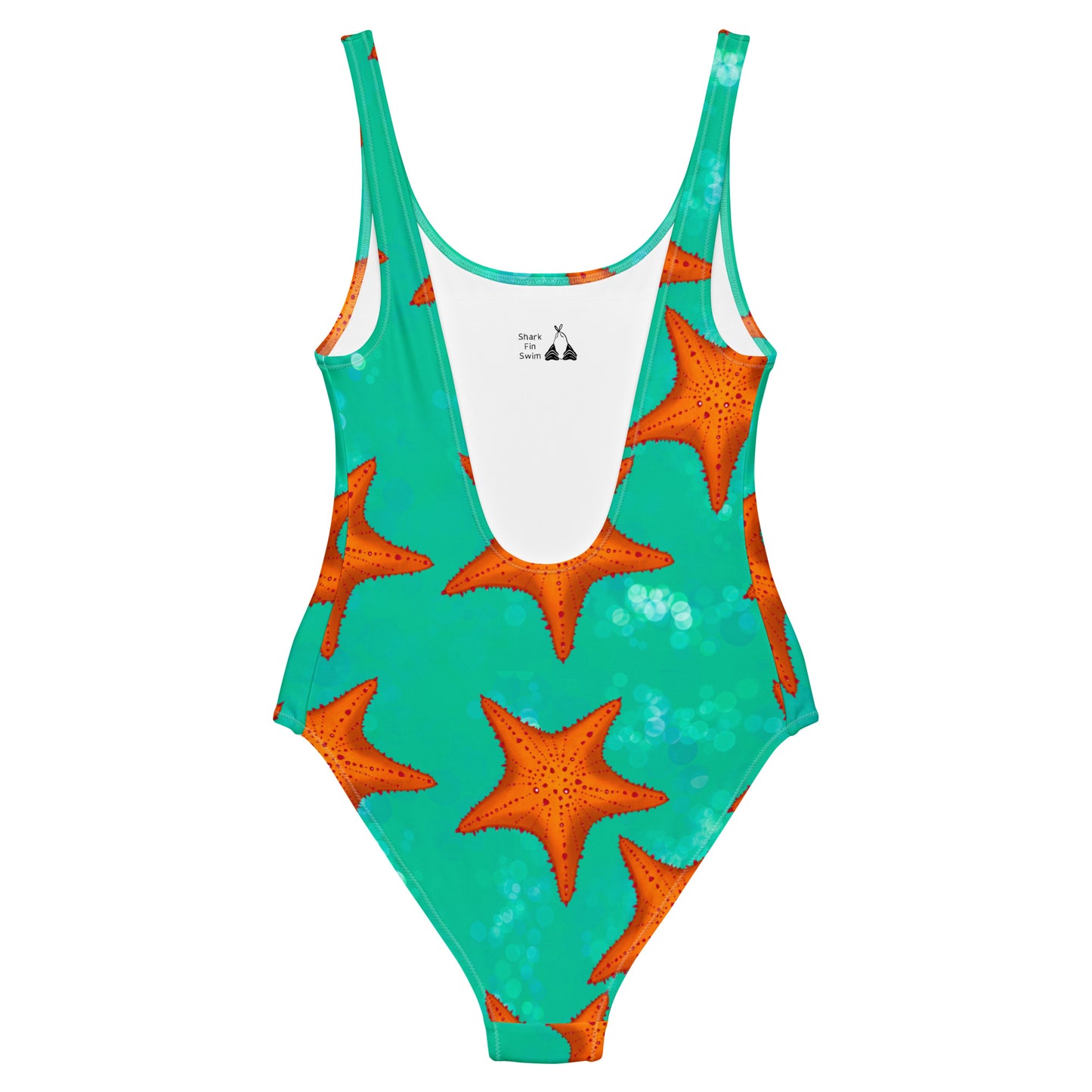 Green/teal one piece swimsuit with orange starfish 