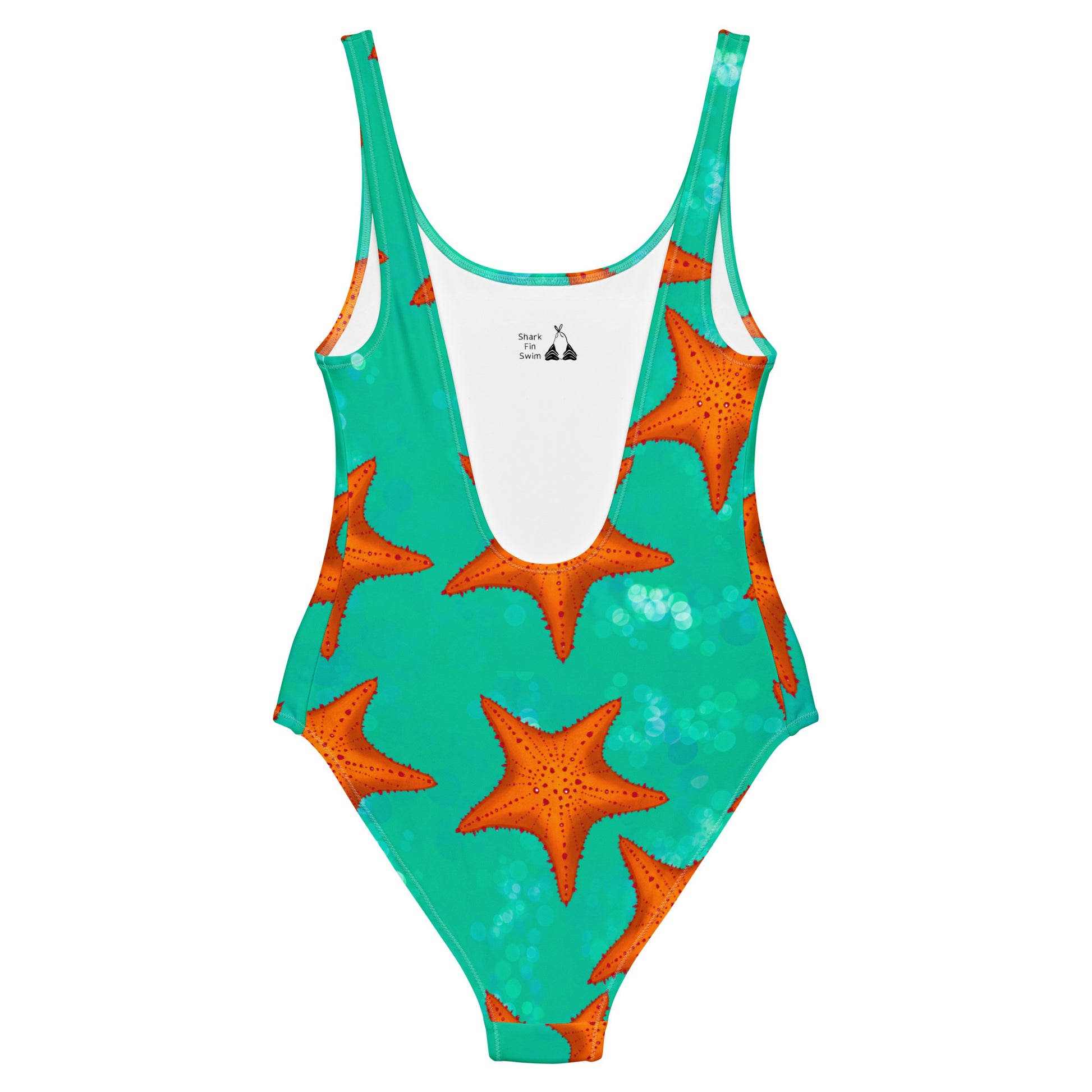 Green/teal one piece swimsuit with orange starfish 