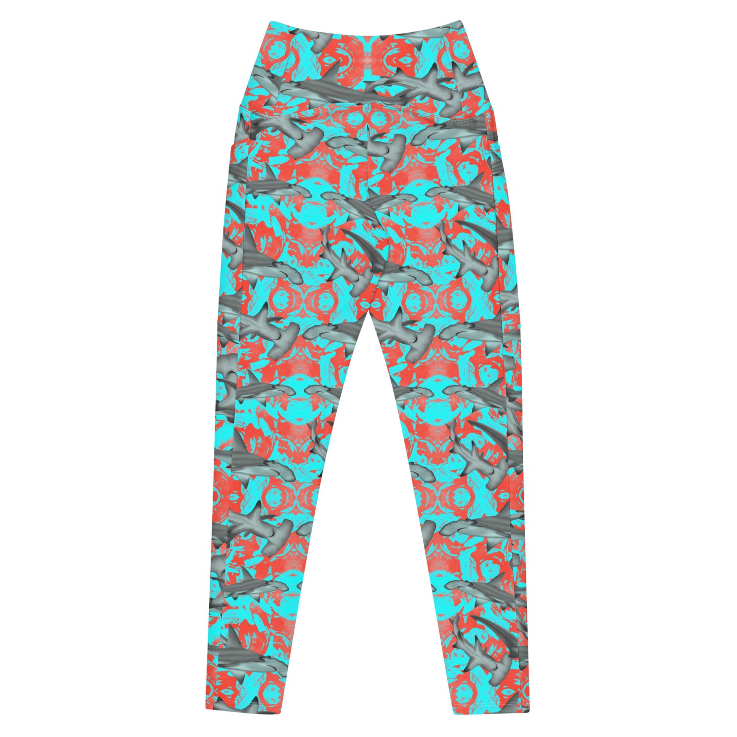 Fin & Fierce Hammerhead sustainable swim leggings blue and red background 