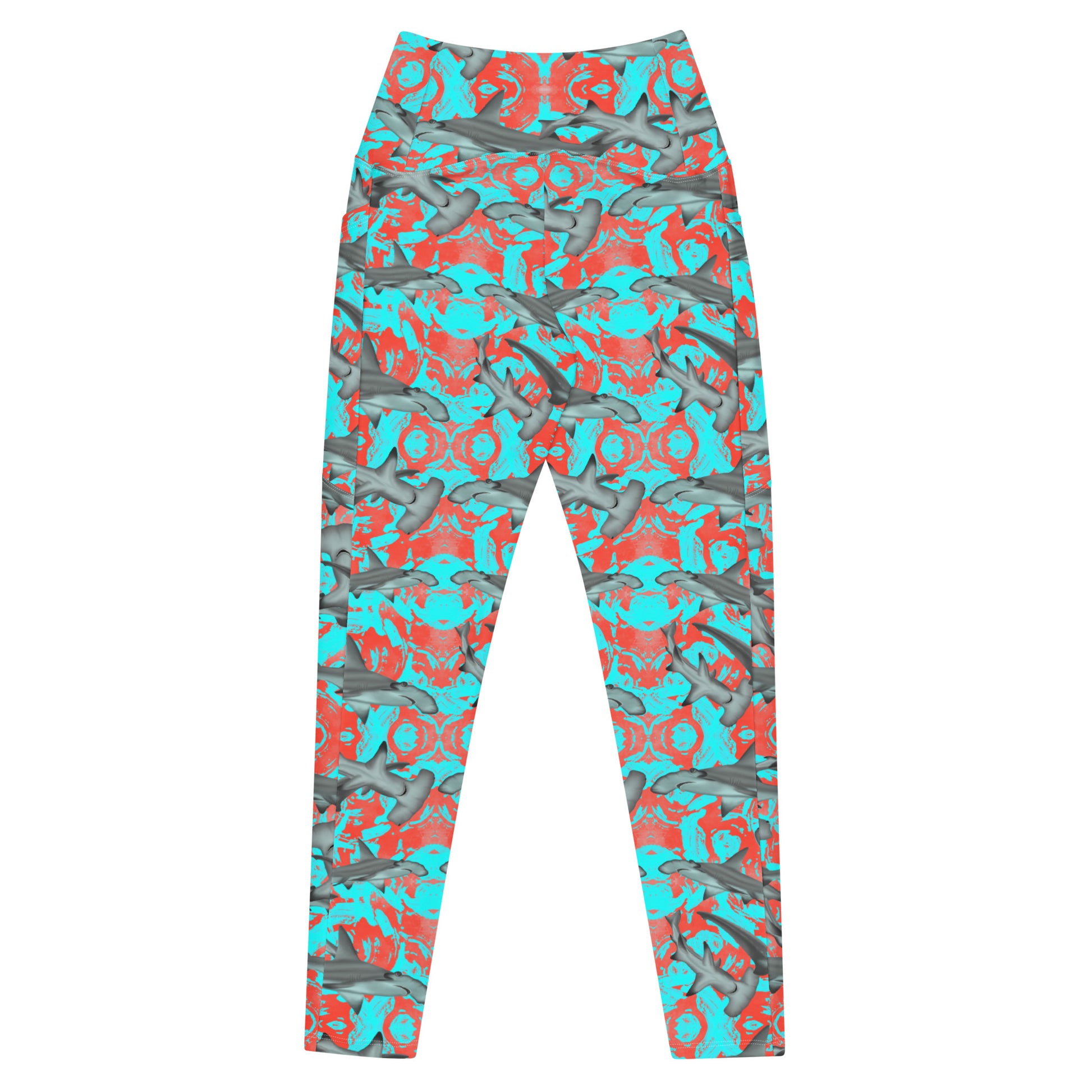 Fin & Fierce Hammerhead sustainable swim leggings blue and red background 