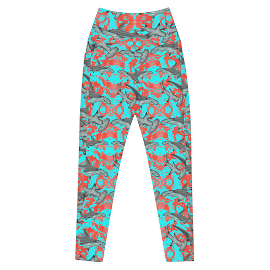 Fin & Fierce Hammerhead sustainable swim leggings blue and red background 