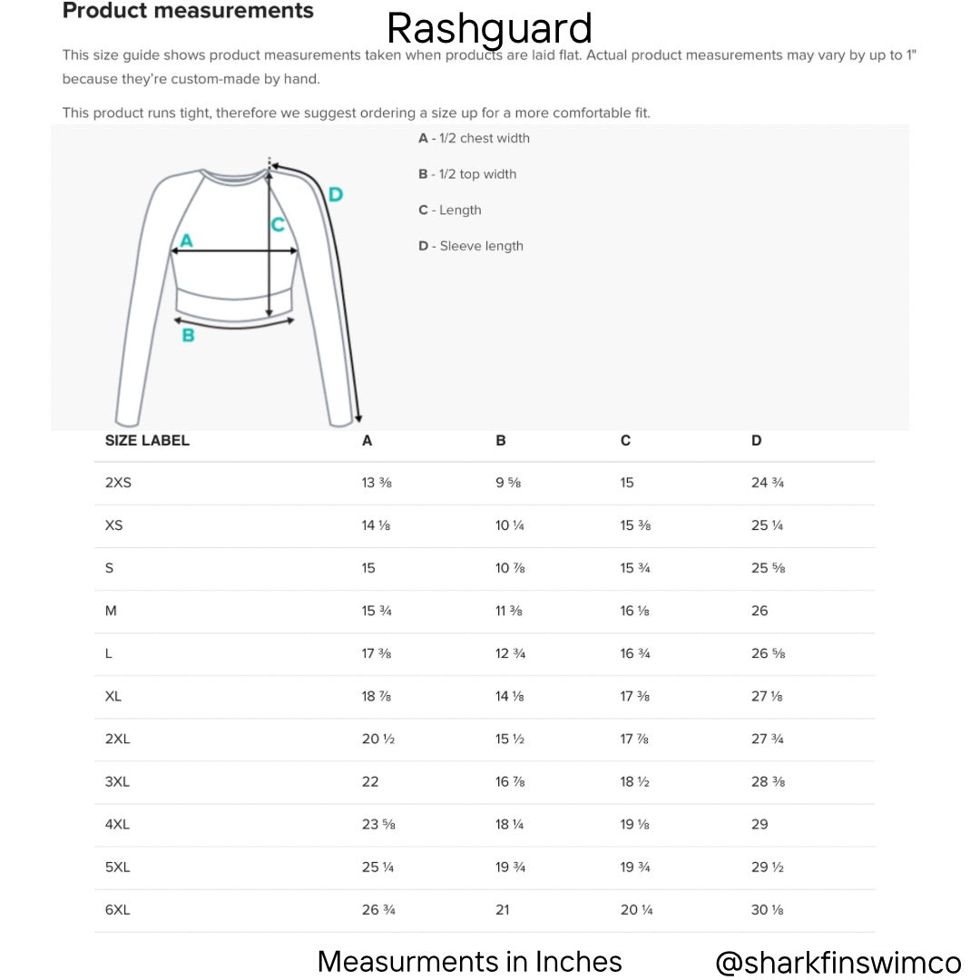 Rashguard product measurements 
