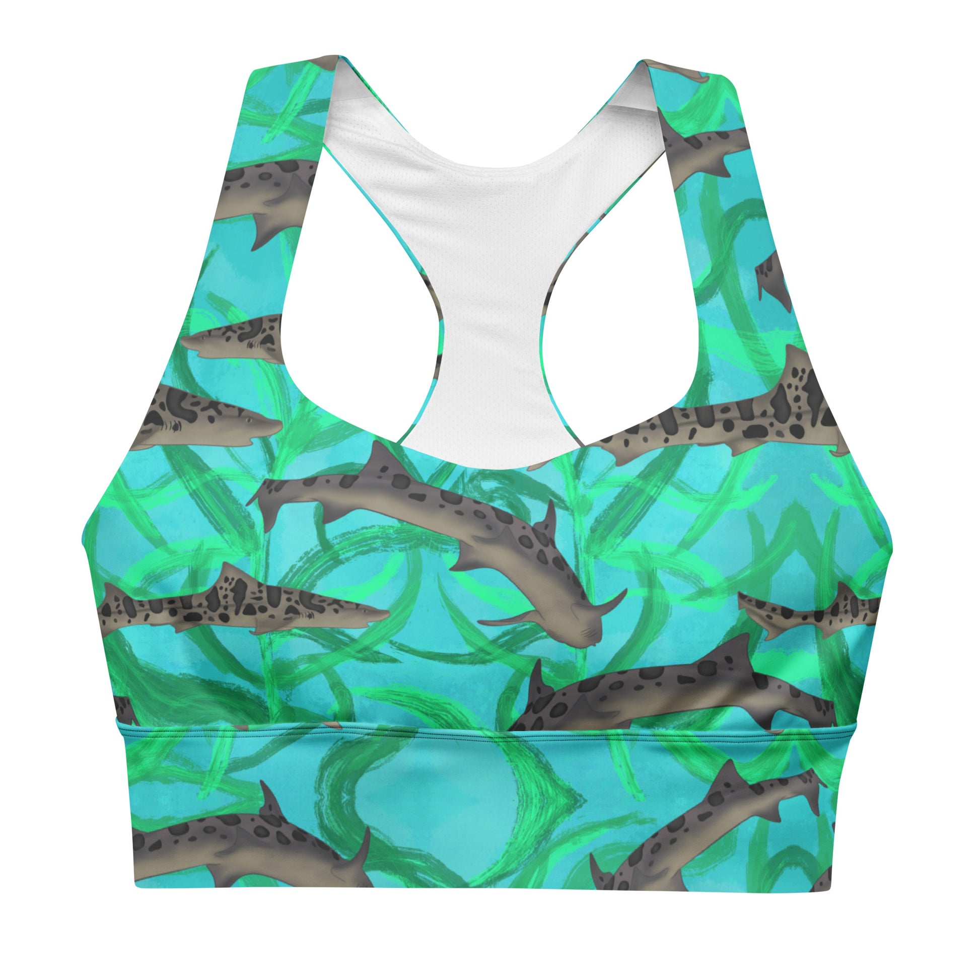 Blue and green sports bra with leopard sharks 