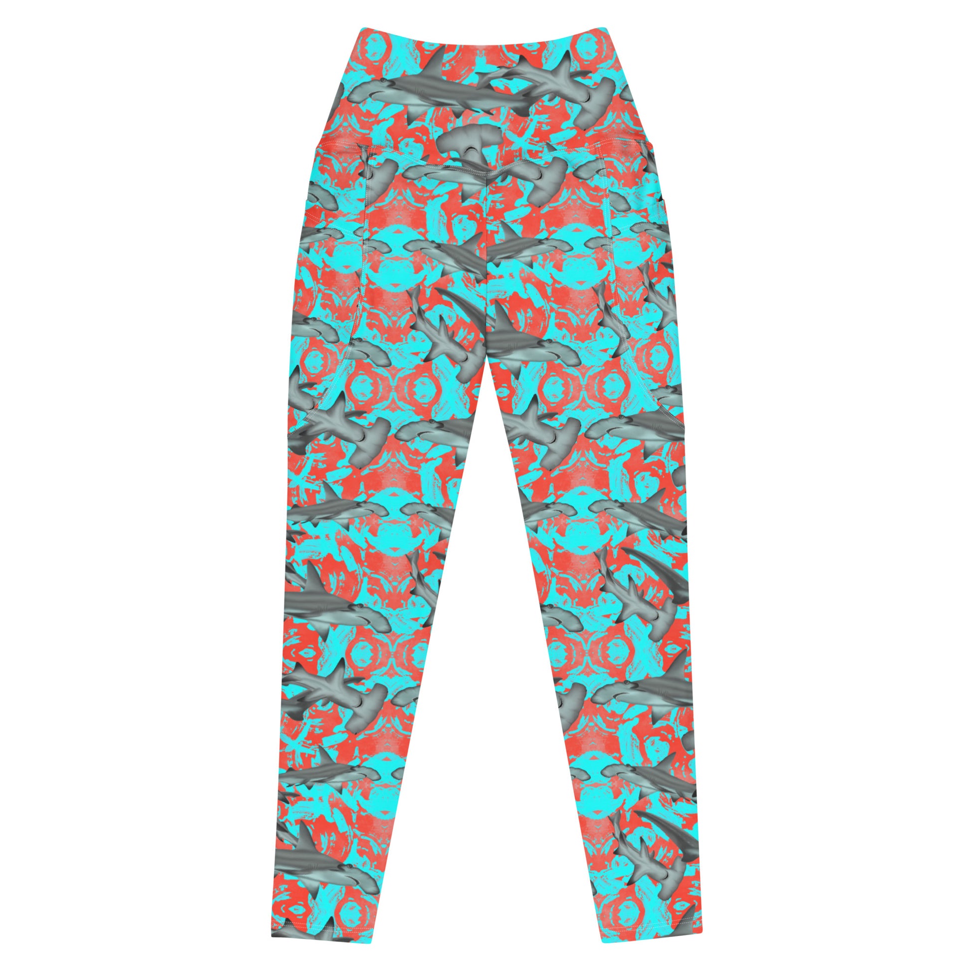 Fin & Fierce Hammerhead sustainable swim leggings blue and red background
