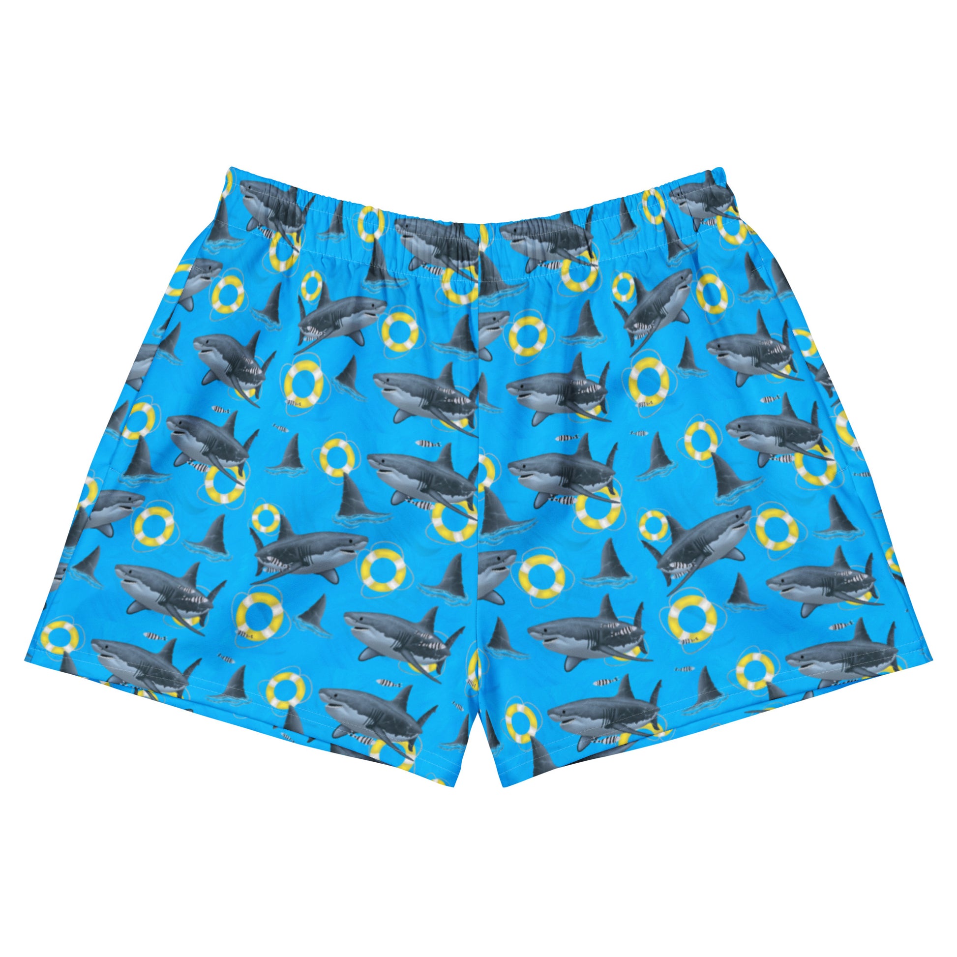 Blue great white shark swim shorts with yellow floaties 