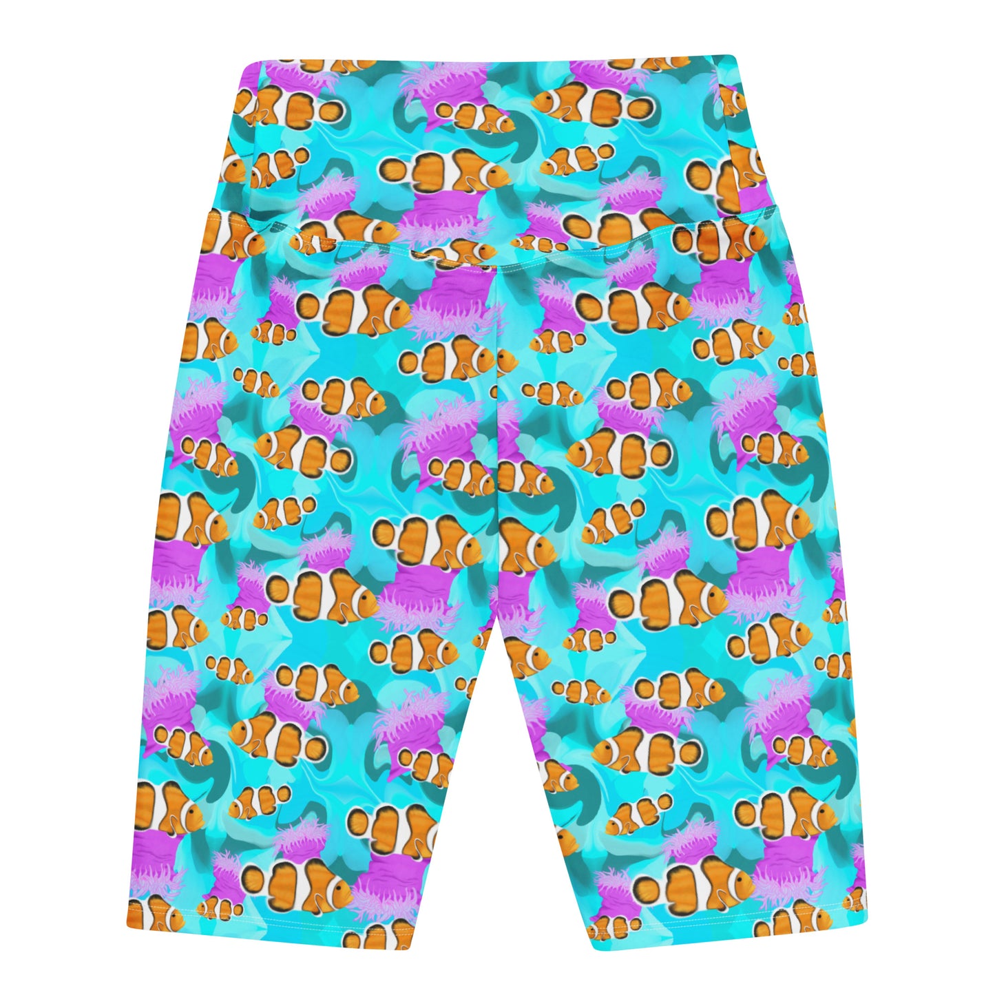 Blue clownfish bike shorts with pink anemones 