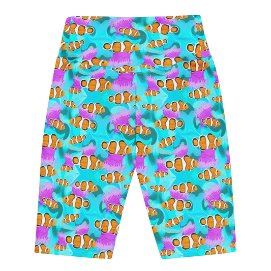 Blue clownfish bike shorts with pink anemones 